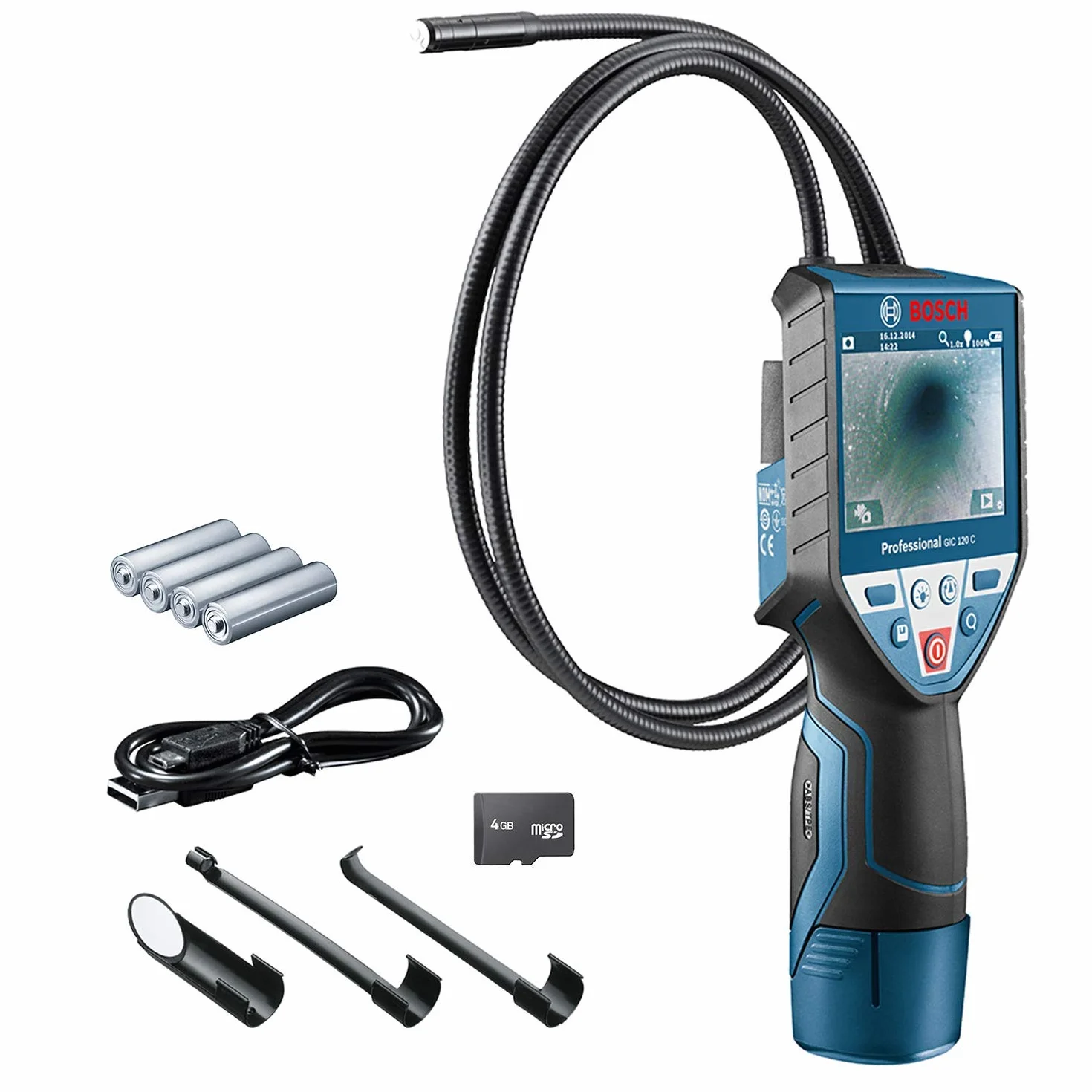 Bosch Professional Kamera inspekcyjna GIC 120 C (długość przewodu: 120 cm, wyświetlacz: 3,5"’, 4 baterie AA, opakowanie kartonowe)