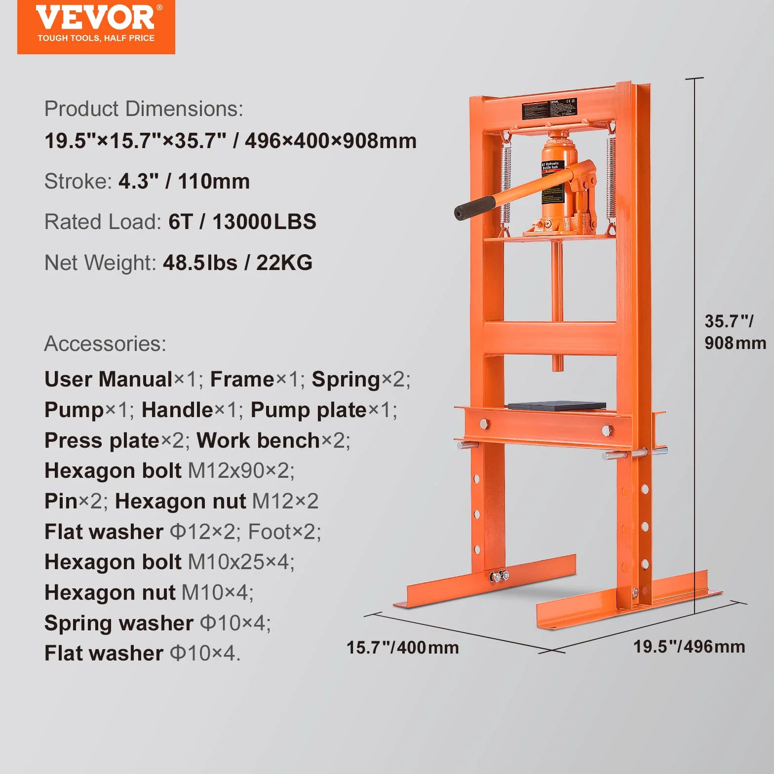 VEVOR ZX0901 6T 6 Ton H-Frame garaż/sklep prasa podłogowa regulowane talerze, pomarańczowe
