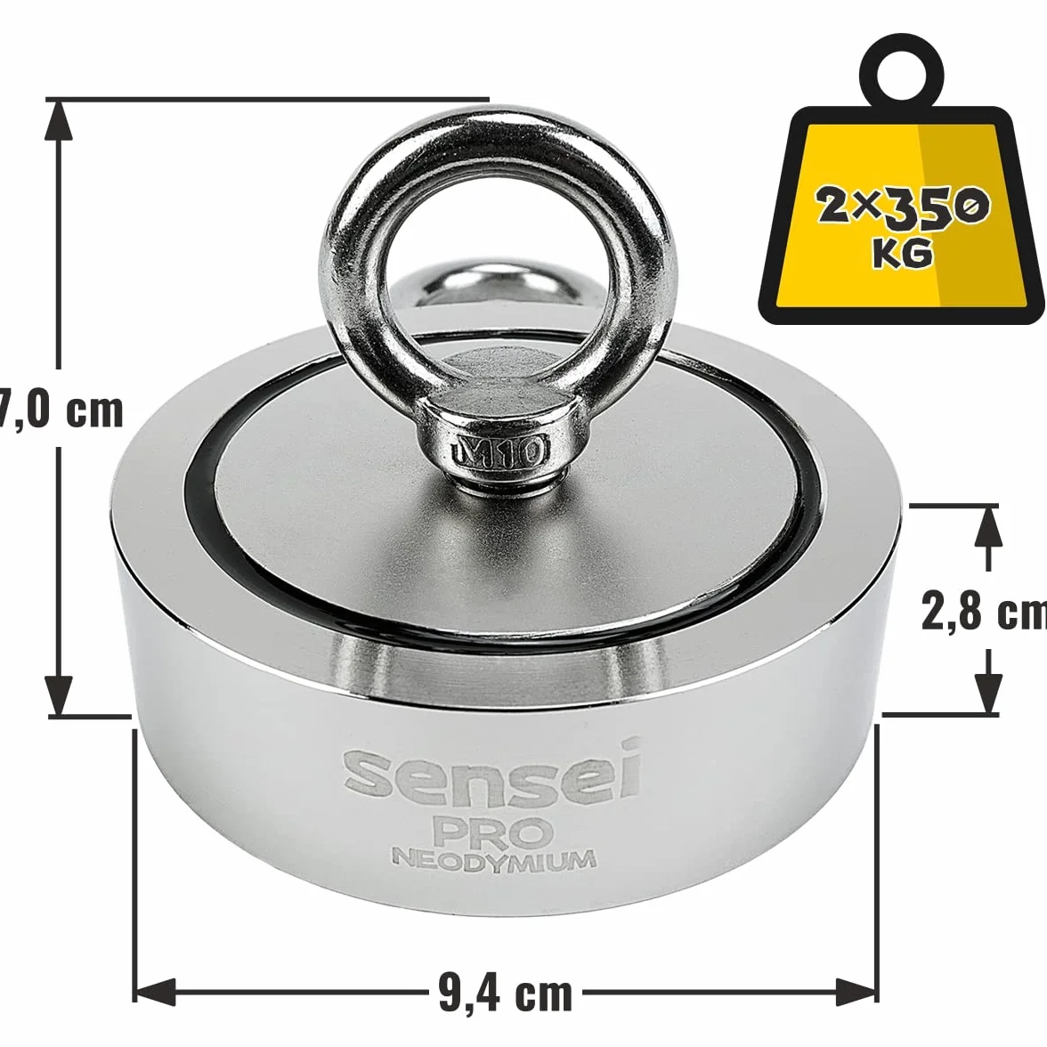 Magnes Neodymowy Dwustronny N52 SENSEI 700 kg Ø9,4 x H2,8 cm z Uchwytem