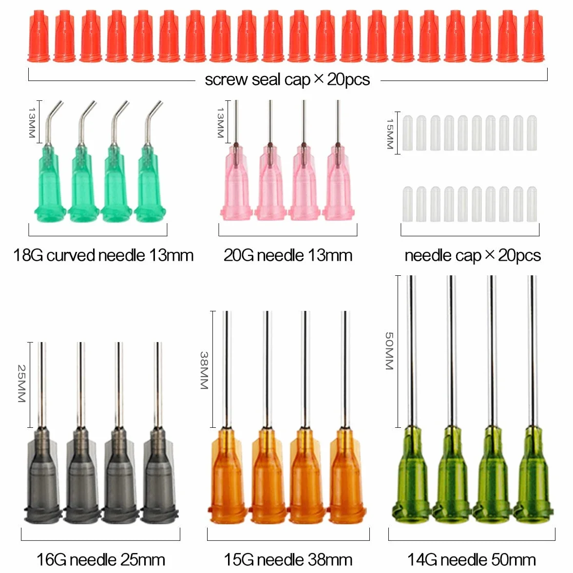Zestaw tępych strzykawek 1ml, 3ml, 5ml, 10ml, 20ml z tępymi igłami 14g, 15g, 16g, 18g, 20g i nasadkami do strzykawek, Do przemysłowych klejów rzemieślniczych (20 szt.)