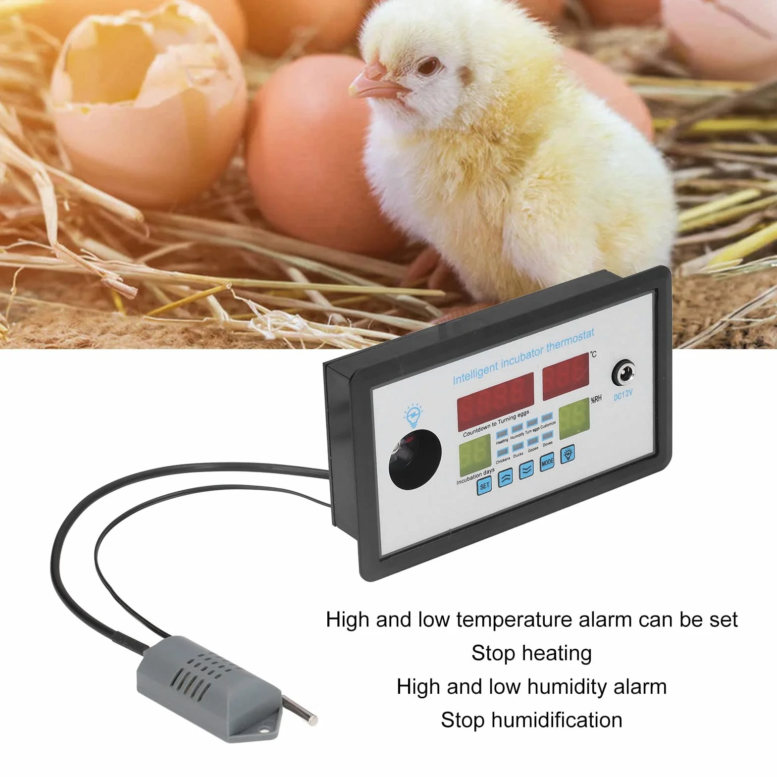 Kontroler Inkubatora Jaj, Inteligentny Termostat Higrostat Automatyczne Sterowanie Klujnik z Sondą Czujnika Temperatury i Wilgotności, DC 12V