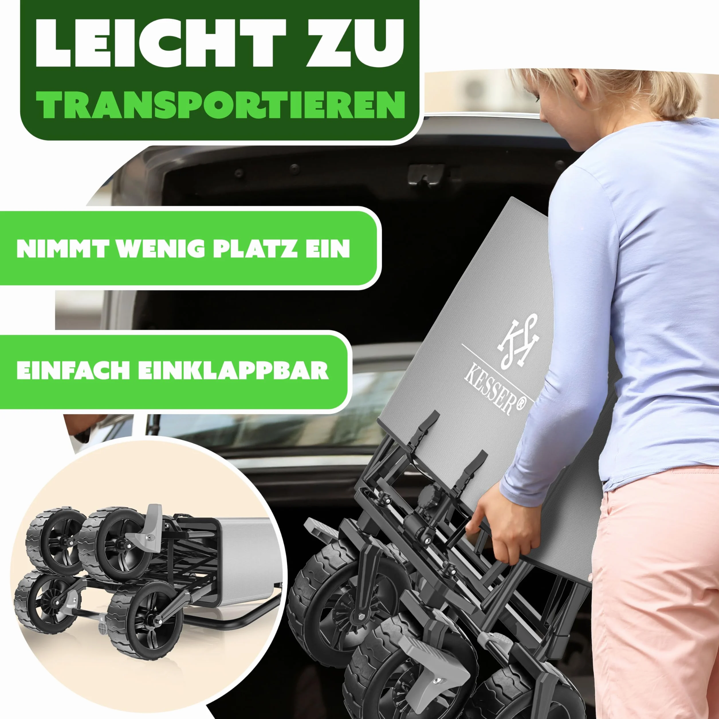 KESSER GT9000 Składany wózek transportowy z dachem, do 80 kg (w zestawie torba do noszenia) – szary