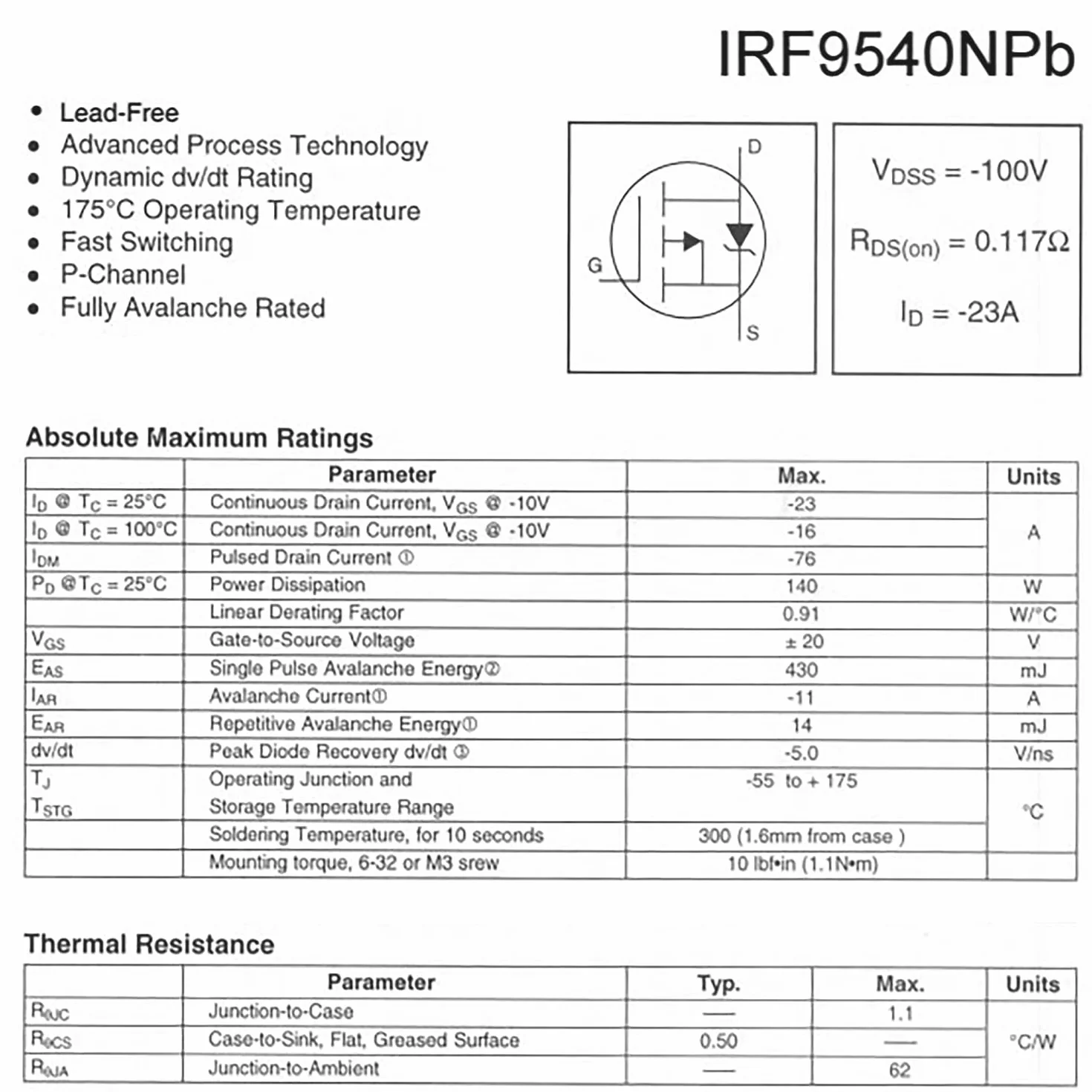 IRF9540N MOSFET Tranzystor Mocy 23A 100V TO-220 10 Sztuk