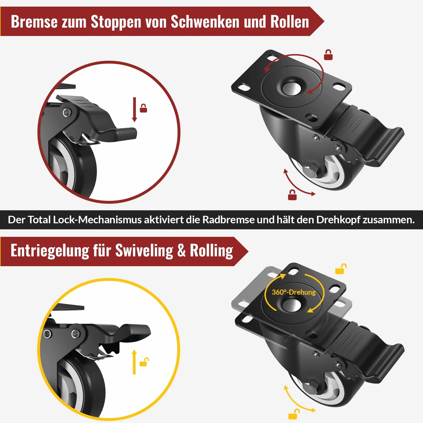 100mm kółka obrotowe z hamulcem bezpieczeństwa Zestaw 4 kółek Heavy Duty (2 z hamulcami i 2 bez) kółka meblowe z 600kg całkowitej pojemności
