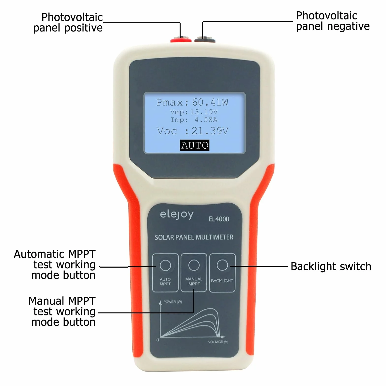 BuyWeek Tester MPPT paneli słonecznych 400 W, multimetr fotowoltaiczny z wyświetlaczem LCD, nie wymaga prądu, do paneli słonecznych PV modułów PV rozwiązywanie problemów (EL400B)