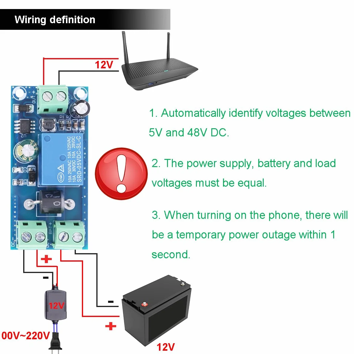 Moduł przełącznika zasilania DC 5V-48V 10A wyłącznik awaryjny z przewodami 20AWG