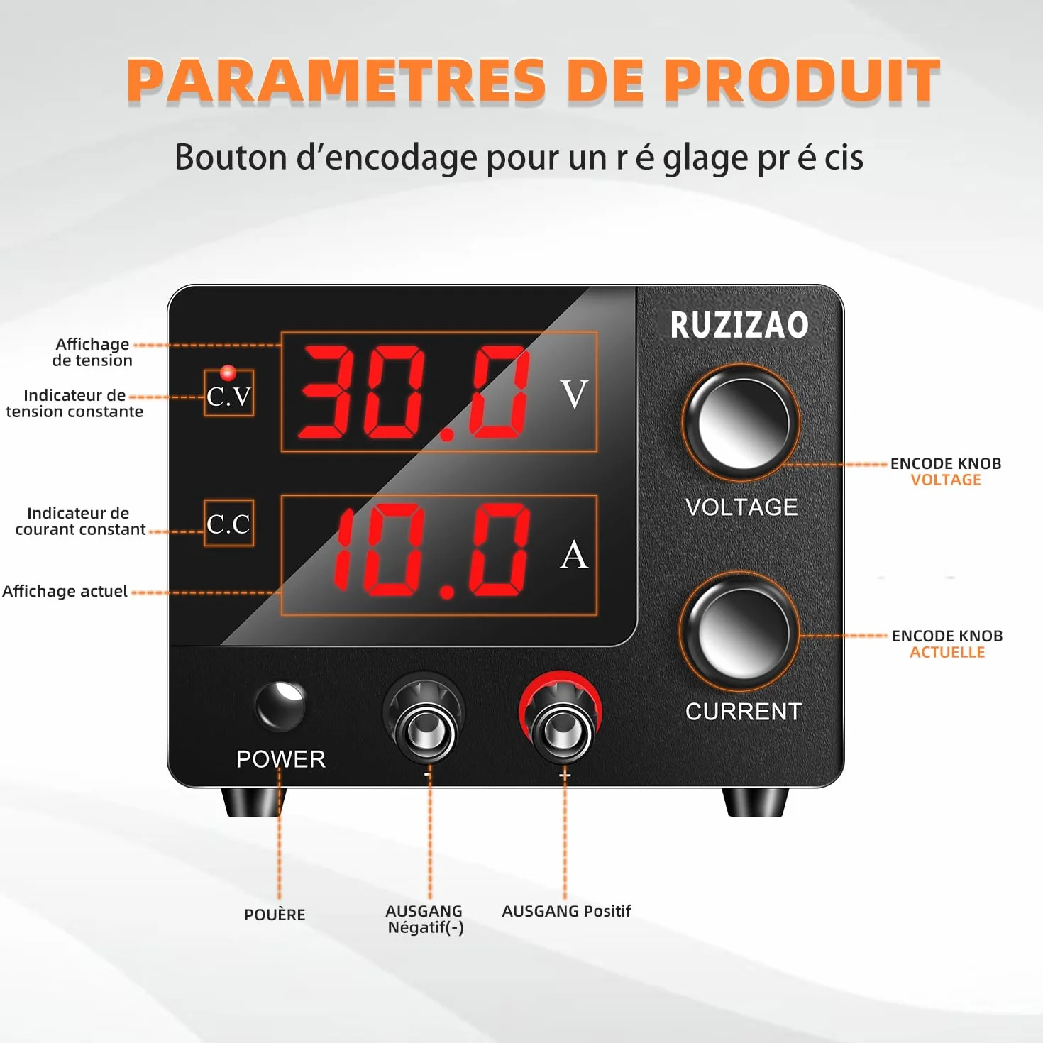 Zasilacz laboratoryjny 30V 10A 150W, regulowany zasilacz DC Mini wyświetlacz LED 3 cyfrowy pokrętło enkoder