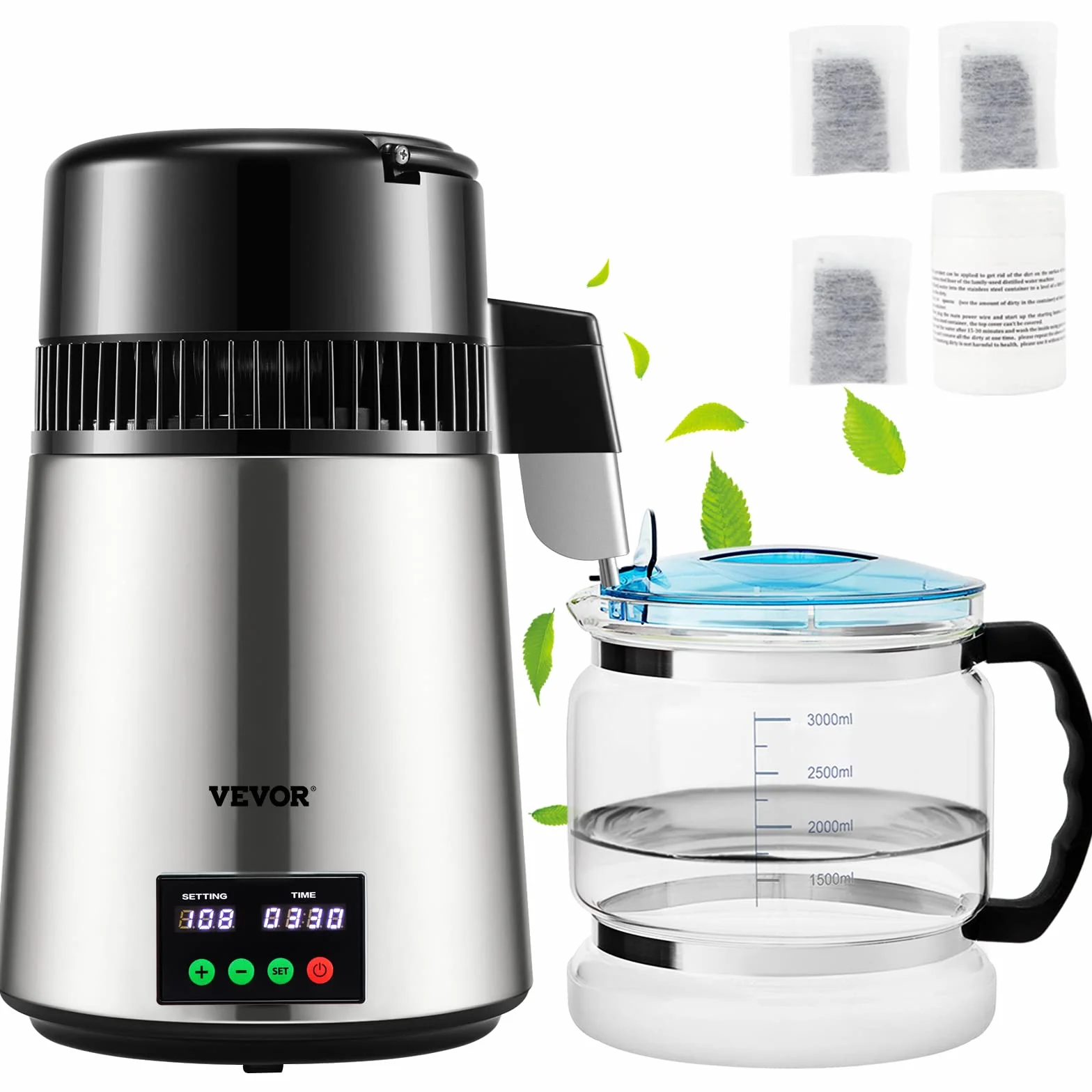 VEVOR destylator wody, pojemność rury: 4 l, 750 W, destylator wody 1 l/h, ze szklanym zbiornikiem ze srebra, do kuchni, biura, laboratorium, szpitali, kliniki dentystycznej itd.