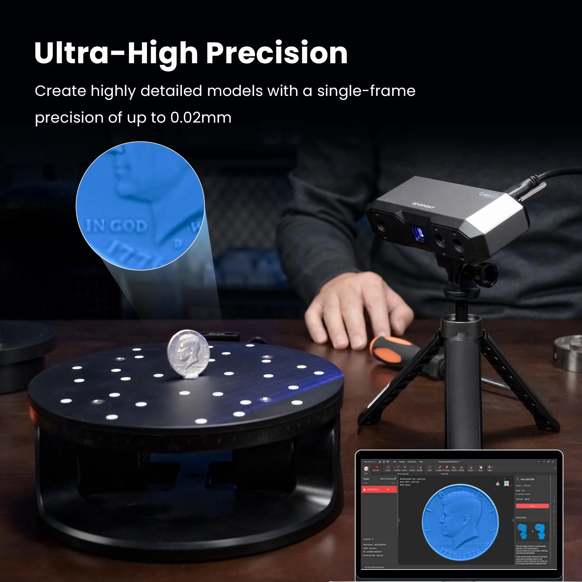 Revopoint MINI2 3D Scanner for 3D Printing Handheld,Up to 0.02mm Precision,16 fps Fast Scanning, Color Scan Portable 3D Model Scanner, Advanced