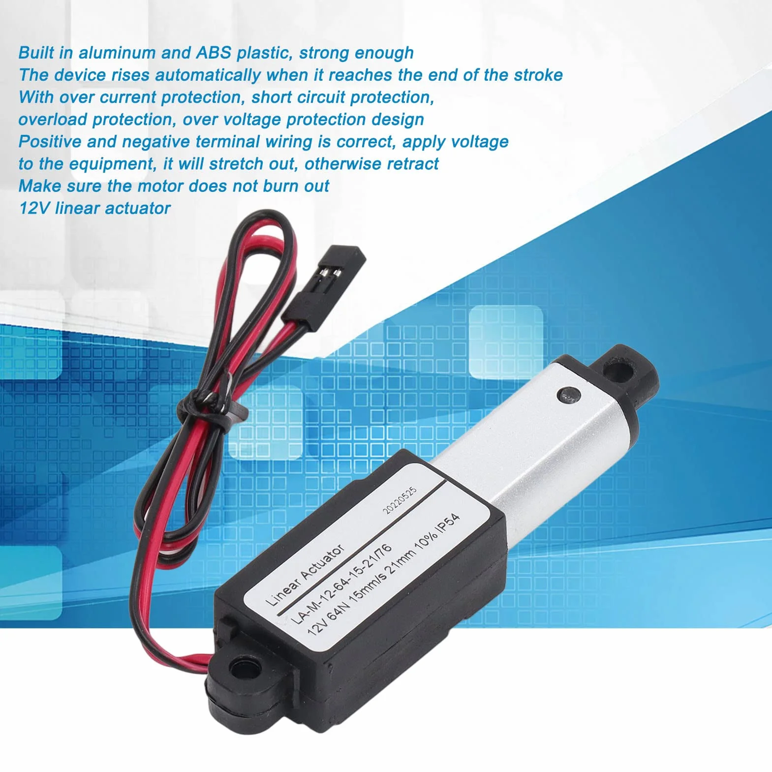 Mini Elektryczny Siłownik Liniowy 12V 64N 15mm/s IP54 21mm