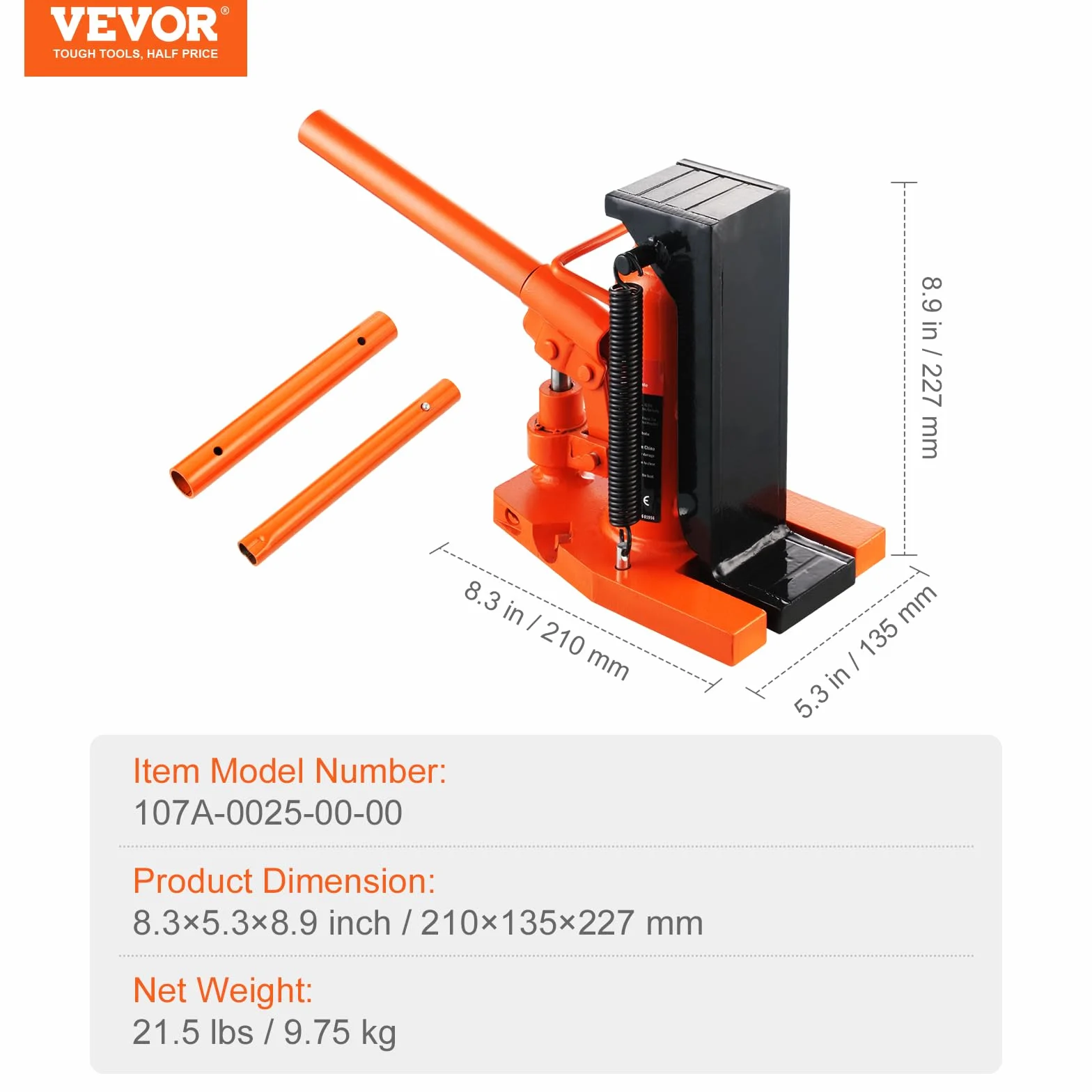 VEVOR Hydrauliczny Podnośnik Palcowy 2,5 T Udźwig 5 T Wysokość 2-13,5 cm Górna 22,6-34 cm