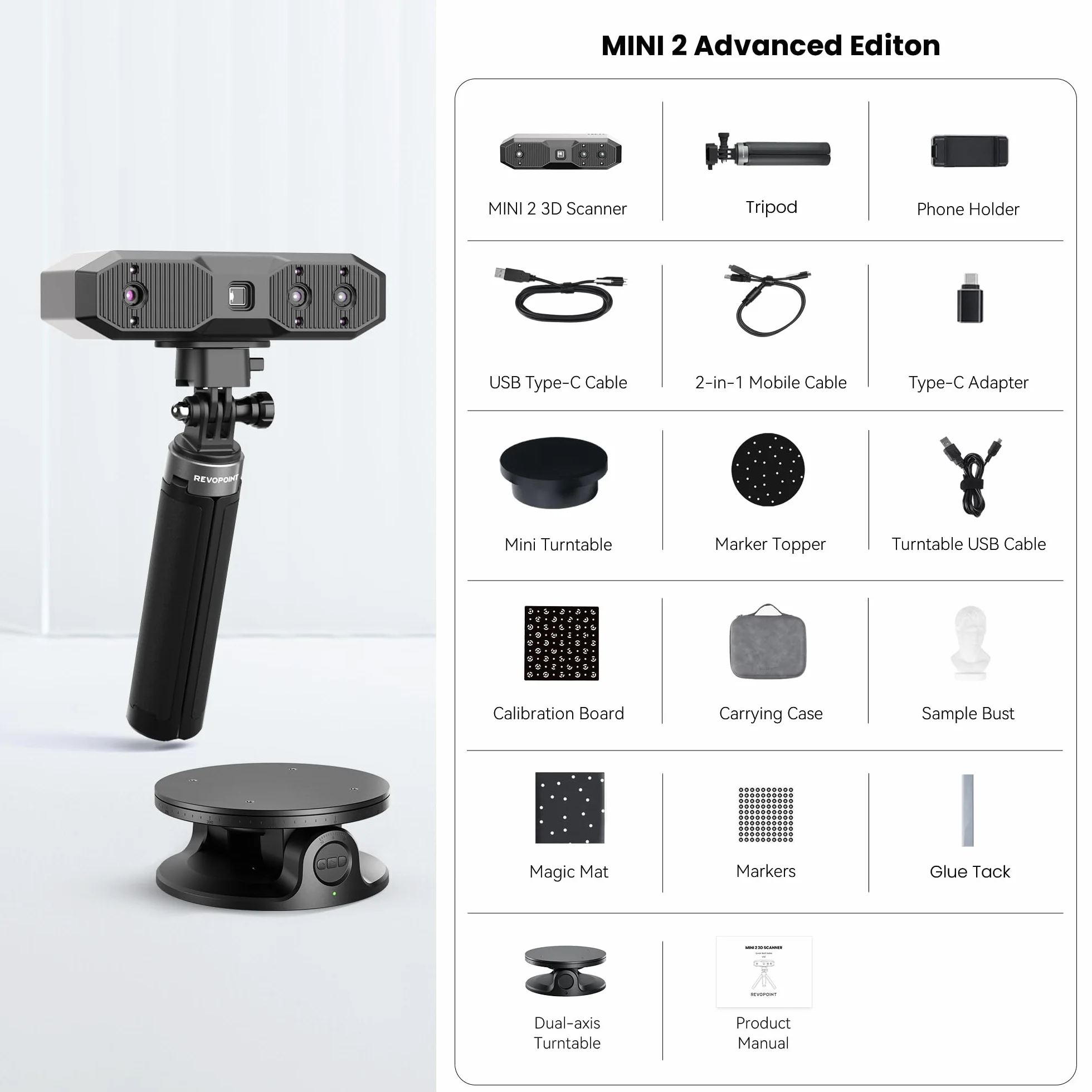 Revopoint MINI2 3D Scanner for 3D Printing Handheld,Up to 0.02mm Precision,16 fps Fast Scanning, Color Scan Portable 3D Model Scanner, Advanced
