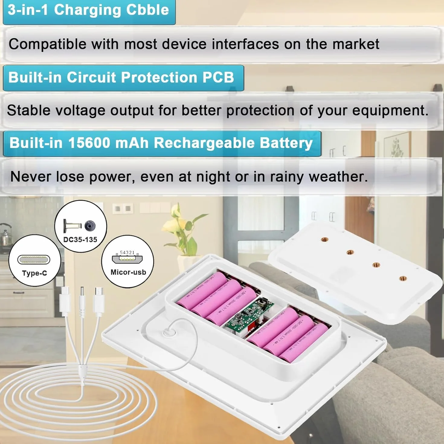 Panel słoneczny 9W/5V z wbudowanym akumulatorem 15600mAh,z kablem do ładowania 3 w 1 o długości 1.5m(złącze micro USB,typ C i DC 3,5x1,35) do kamer bezpieczeństwa i innych urządzeń,wodoodporność