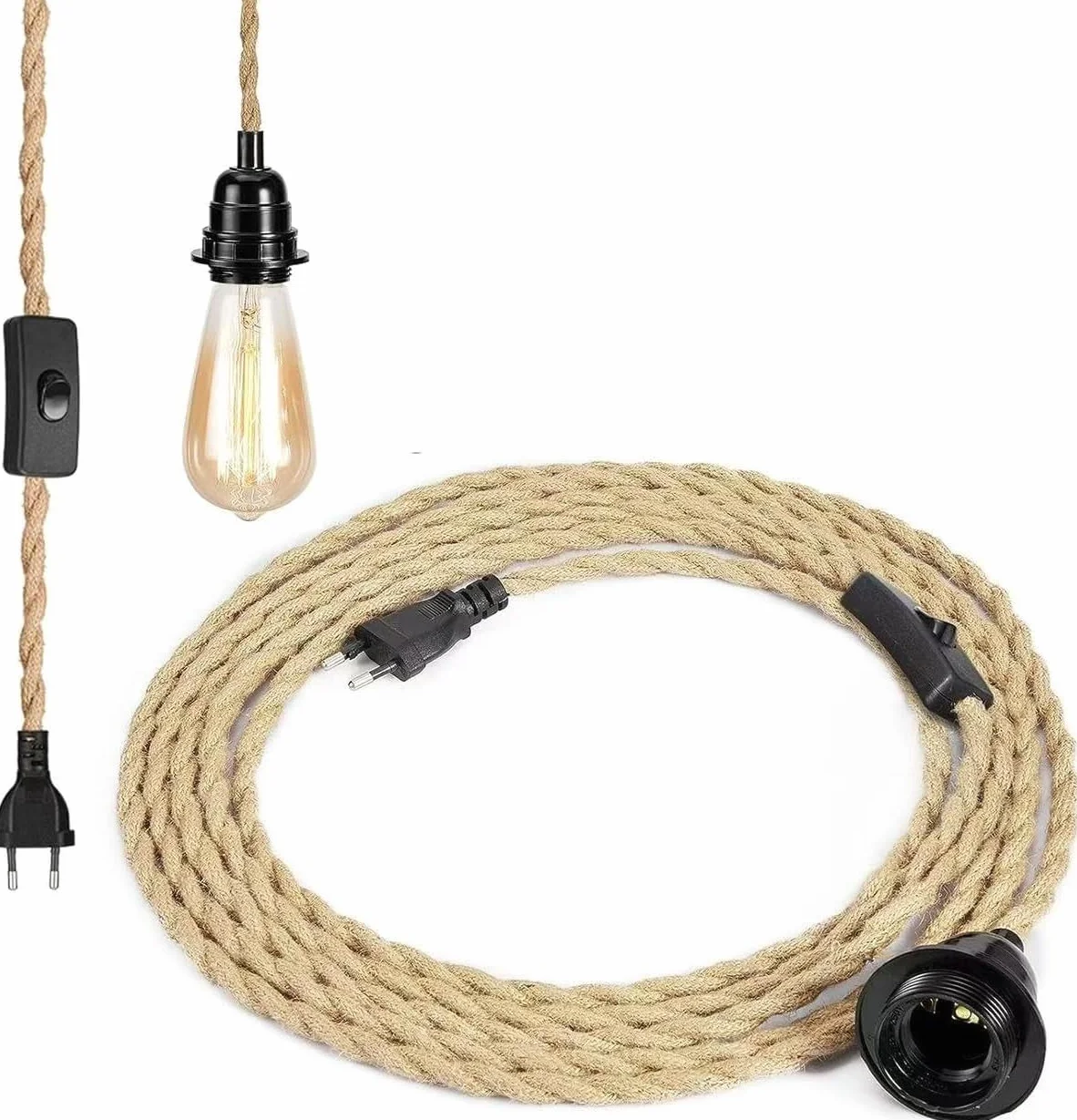 LOANLIUT oprawa lampy E27 z kablem 4,5 m, z woreczkiem śrubowym i hakiem bakelitowym, oprawa lampy z liny konopnej w stylu vintage z kablem i wtyczką, DIY oprawa E27 do salonu, kuchni, baru, odporna