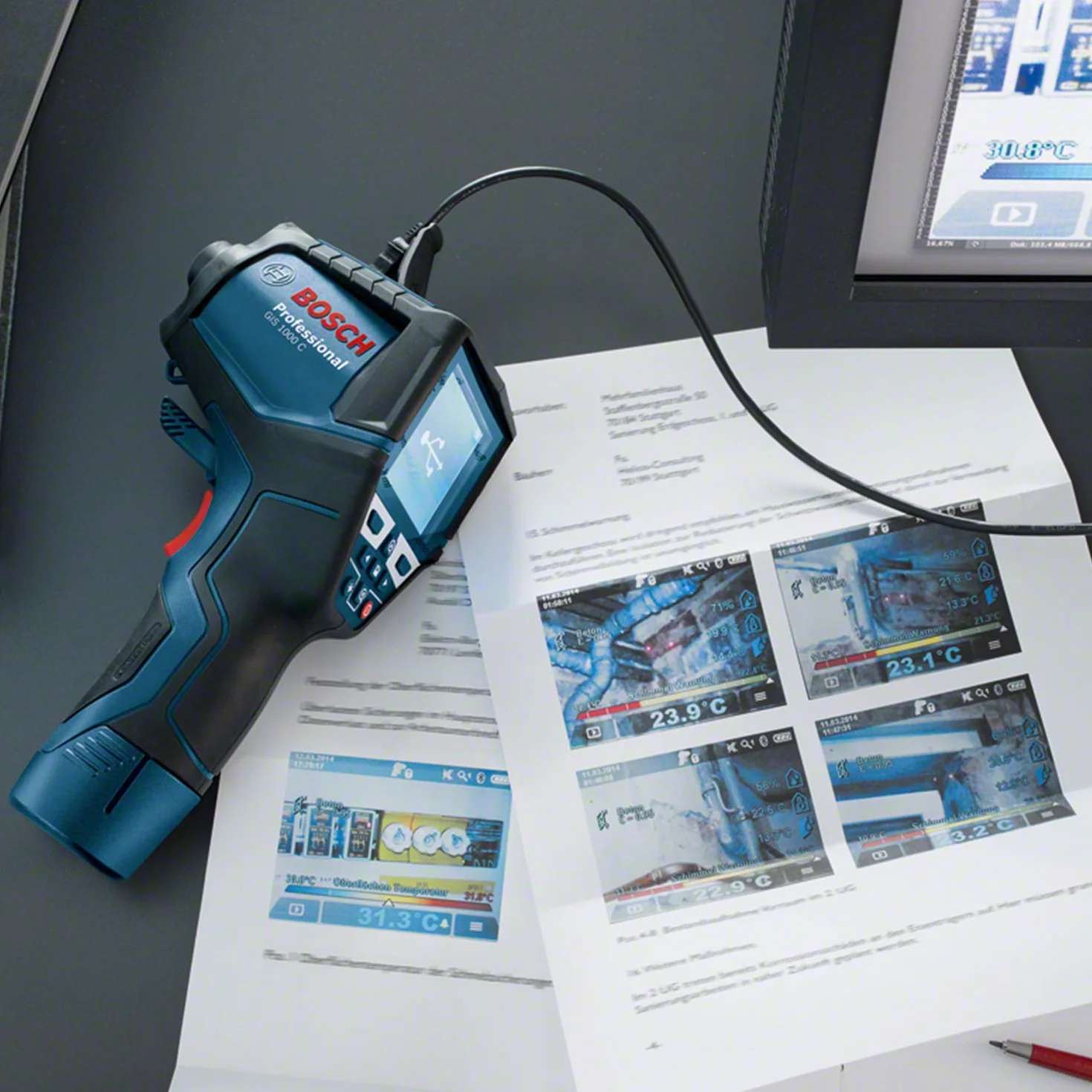 Bosch Professional Termometr na podczerwień GIS 1000 C (funkcja aplikacji, zakres temperatury: –40°C do 1000°C, 4 baterie AA, opakowanie kartonowe)
