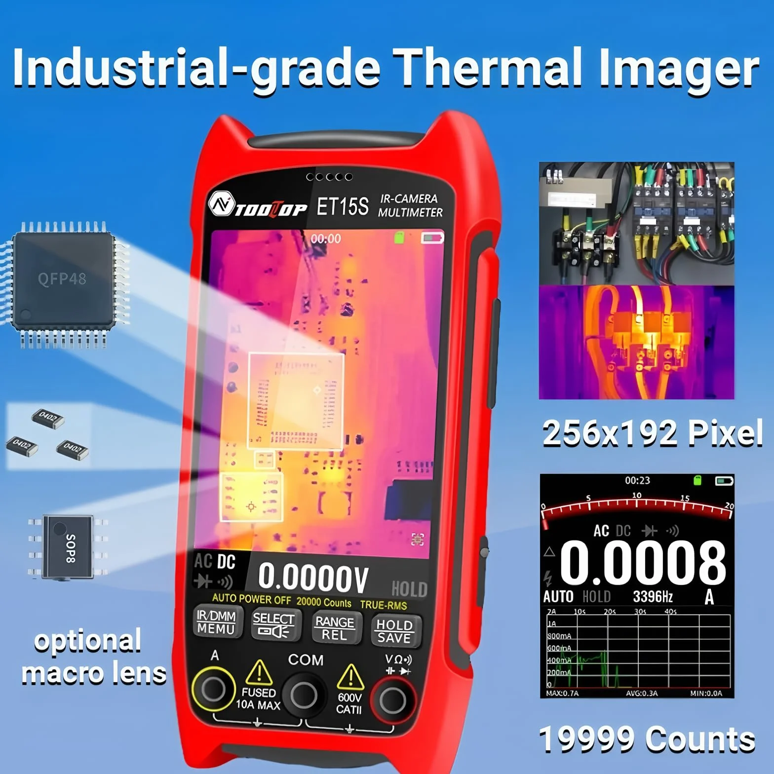 ET15S profesjonalna kamera termowizyjna na podczerwień z obiektywem makro 256 x 192, czujnik podczerwieni 3,5 cala, 19999, cyfrowy multimetr PCB, naprawa HVAC (ET15S+obiektyw makro)