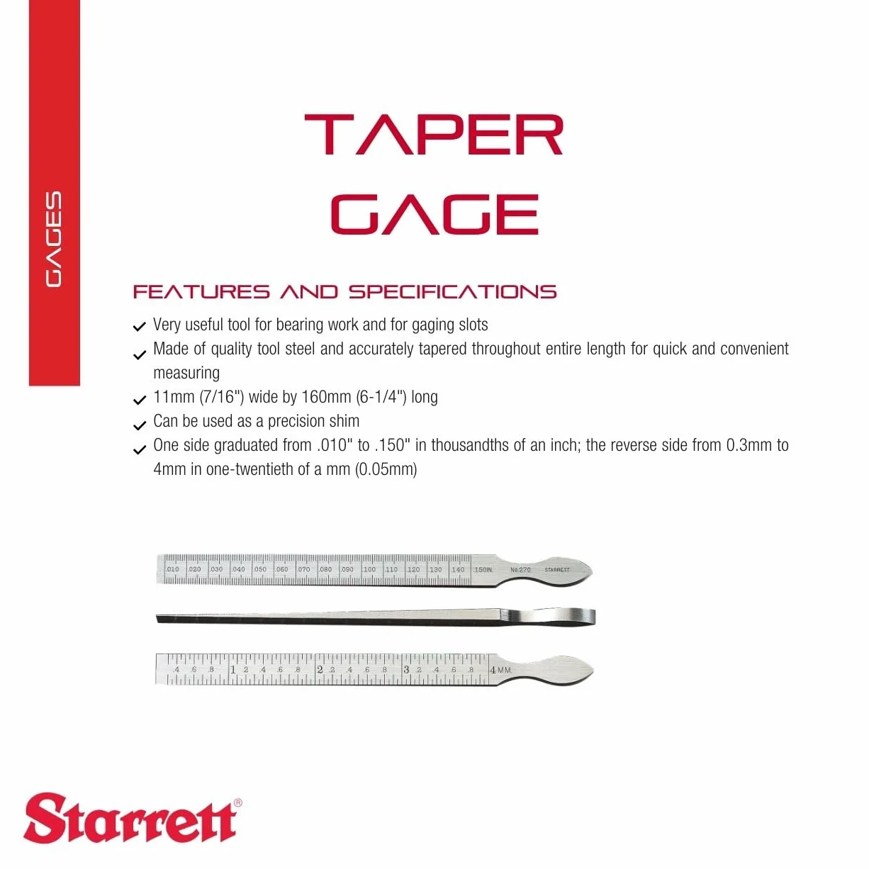 Starrett 270 Kliny Pomiarowe, Srebrny, 0,3-4 mm