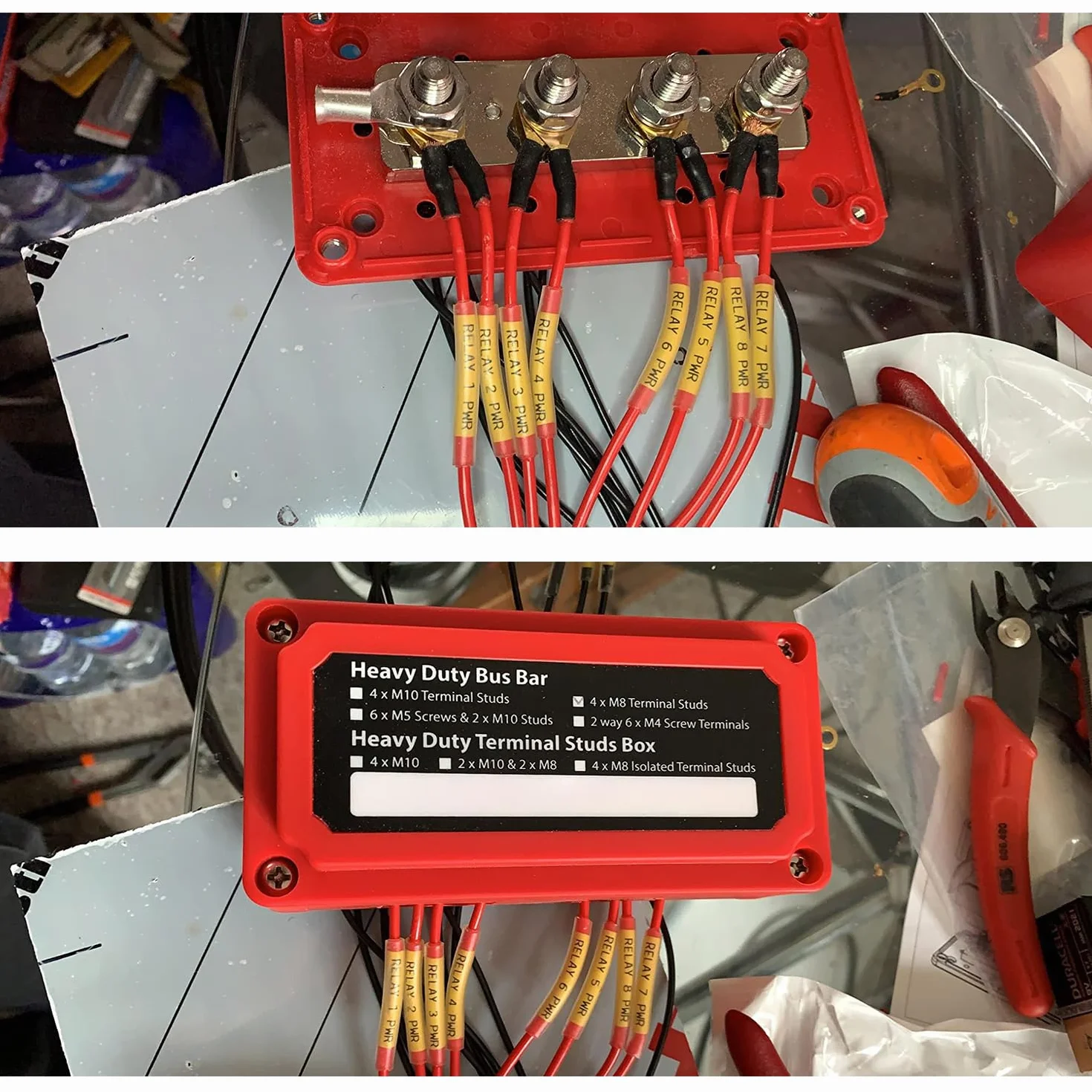 12 V DC Busbar 300A 48 V z 4 śrubami M8, blok rozdzielacza prądu, akumulator Heavy Duty Busbar do samochodu, morskiego, solarnego RV, czerwony, czarny, 2 opakowania
