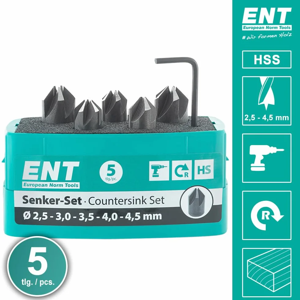 ENT 26518 5-elem. Zestaw Poglebiaczy Nasadzanych HSS, Srednice (d) 2,5-4 i 4,5 mm, E 90°, Prawe