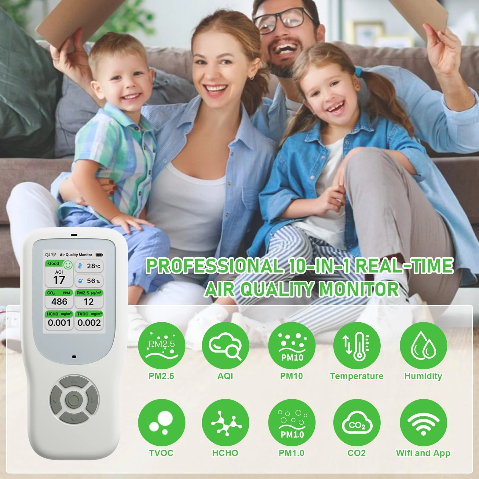 Miernik jakości powietrza 10 w 1, NDIR WiFi monitor jakości powietrza z AQI/CO2/PM1.0/PM2.5/PM10/HCHO/TVOC, temperatura i wilgotność, przenośny detektor formaldehydu z inteligentną aplikacją do domu i
