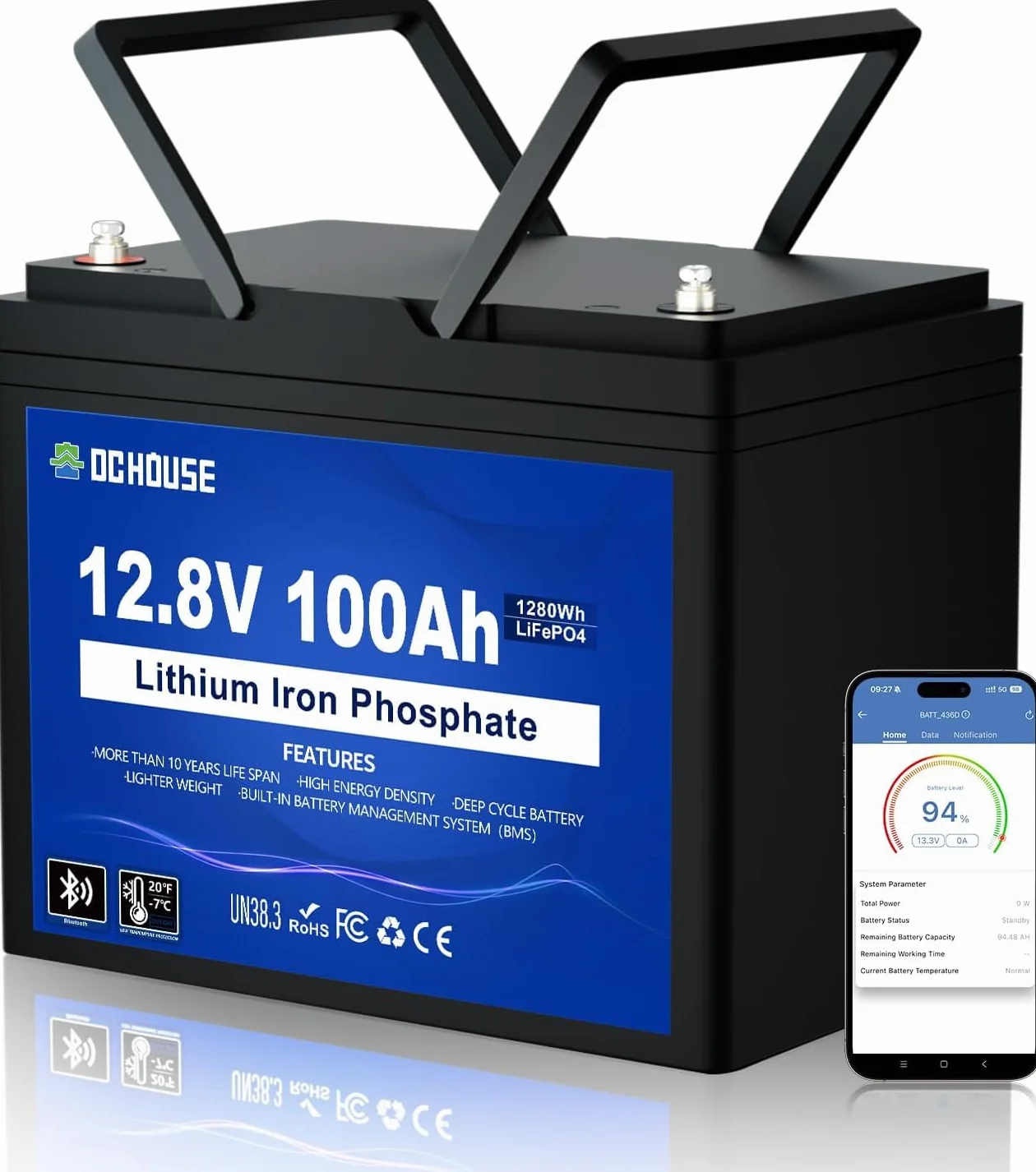 DCHOUSE Bluetooth LiFePO4 12 V 100 Ah akumulator litowy z BMS 100 A, do 15000 cykli, akumulator litowy 1280 Wh, do silników trollingowych, przyczep kempingowych, instalacji solarnych, przyczep