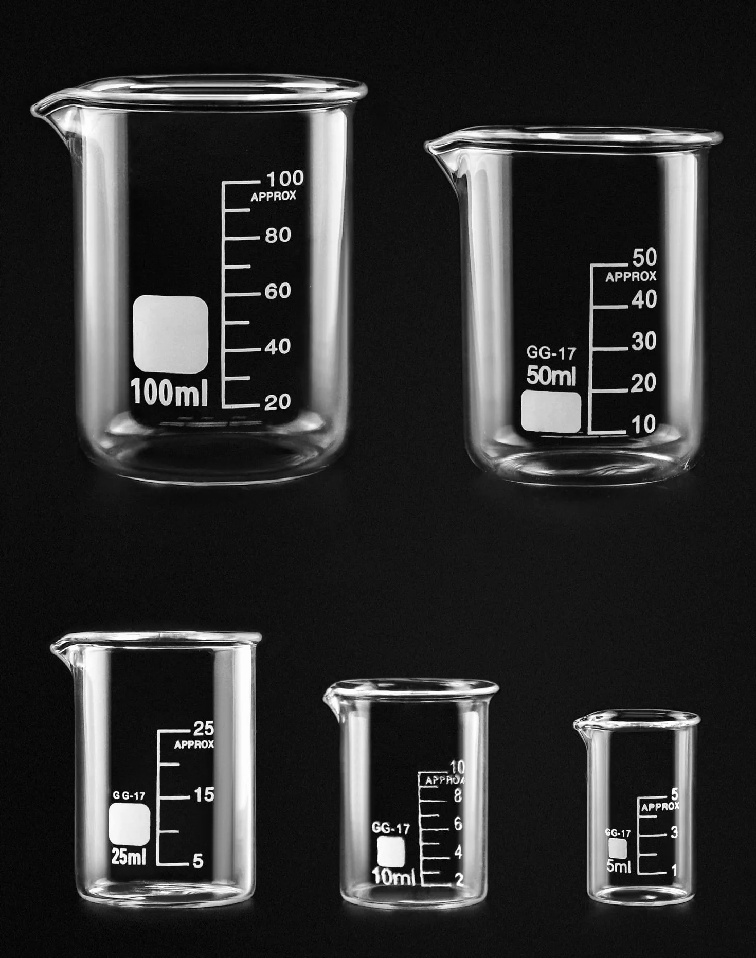 QWORK Zlewka szklana 5 ml 10 ml 25 ml 50 ml 100 ml Zestaw do laboratorium