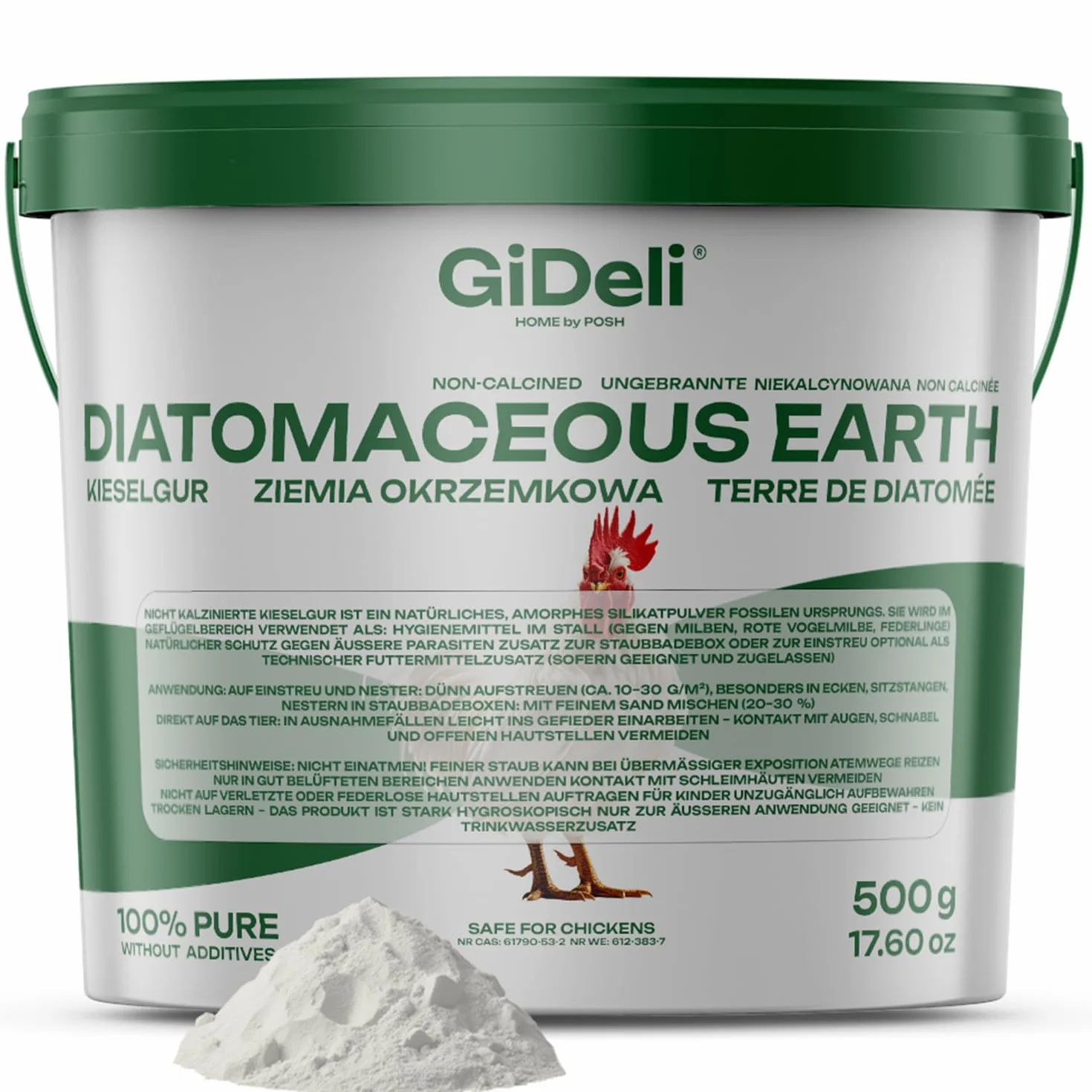 GiDeli Kieselgur dla kur do ściółki ziemia okrzemkowa 0,5 kg proszek 100% czysty, niekalcynowany przeciwko czerwonemu roztoczowi drobiarskiemu 500 g