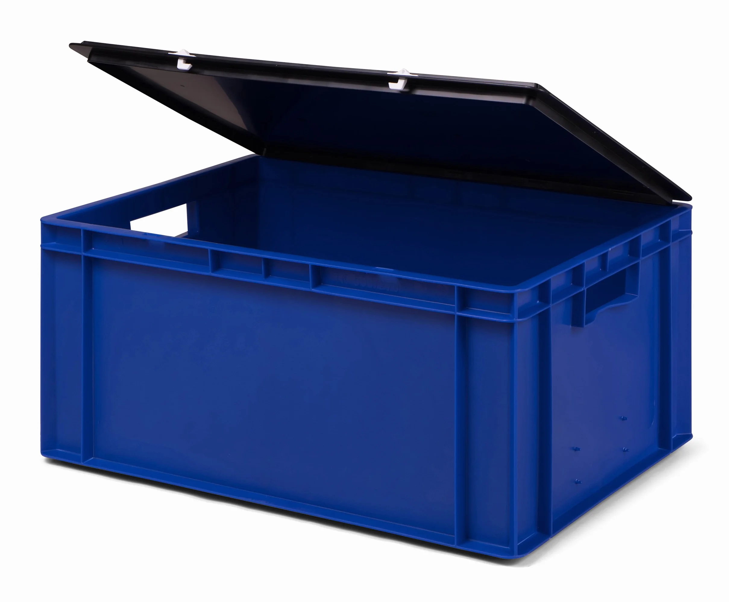 Pudełko transportowe do układania w stosy 600 x 400 x 281 mm niebieskie czarna pokrywka