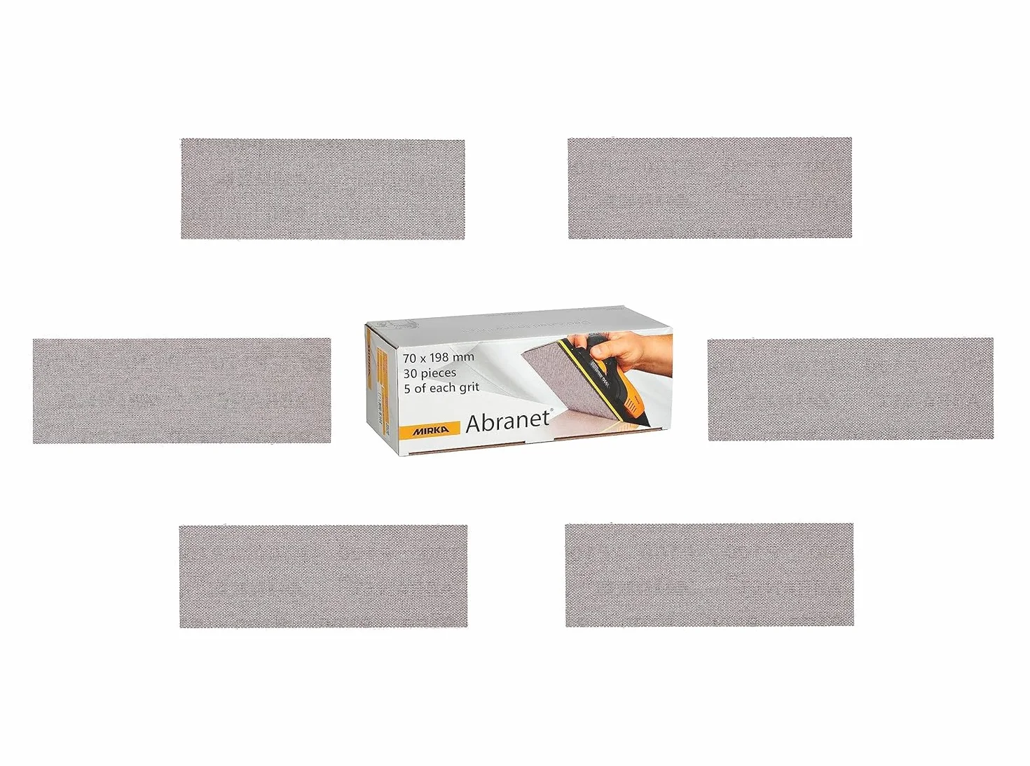Mirka Abranet Net Paski szlifierskie 70 x 198 mm Grip/Mix-pack 5 sztuk każdego ziarna: 80, 120, 180, 240, 320, 400/30 sztuk/Do szlifowania drewna, wypełniacza, lakieru, tworzyw sztucznych