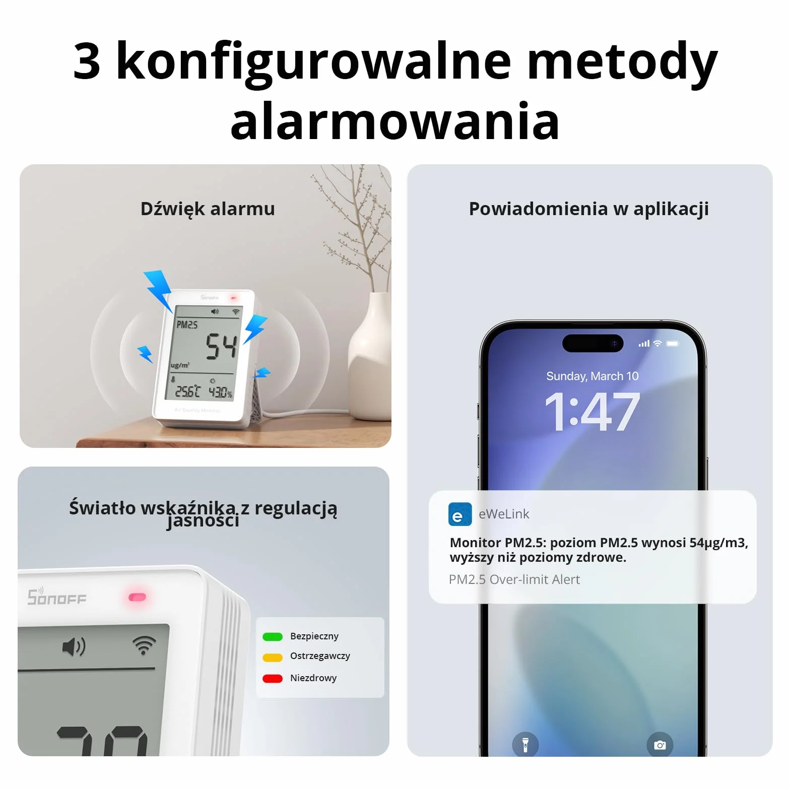 SONOFF Inteligentny Monitor Jakości Powietrza PM2.5 PM10 Temperatura Wilgotność WiFi 2.4GHz Ekran 3.73 Cala Matter