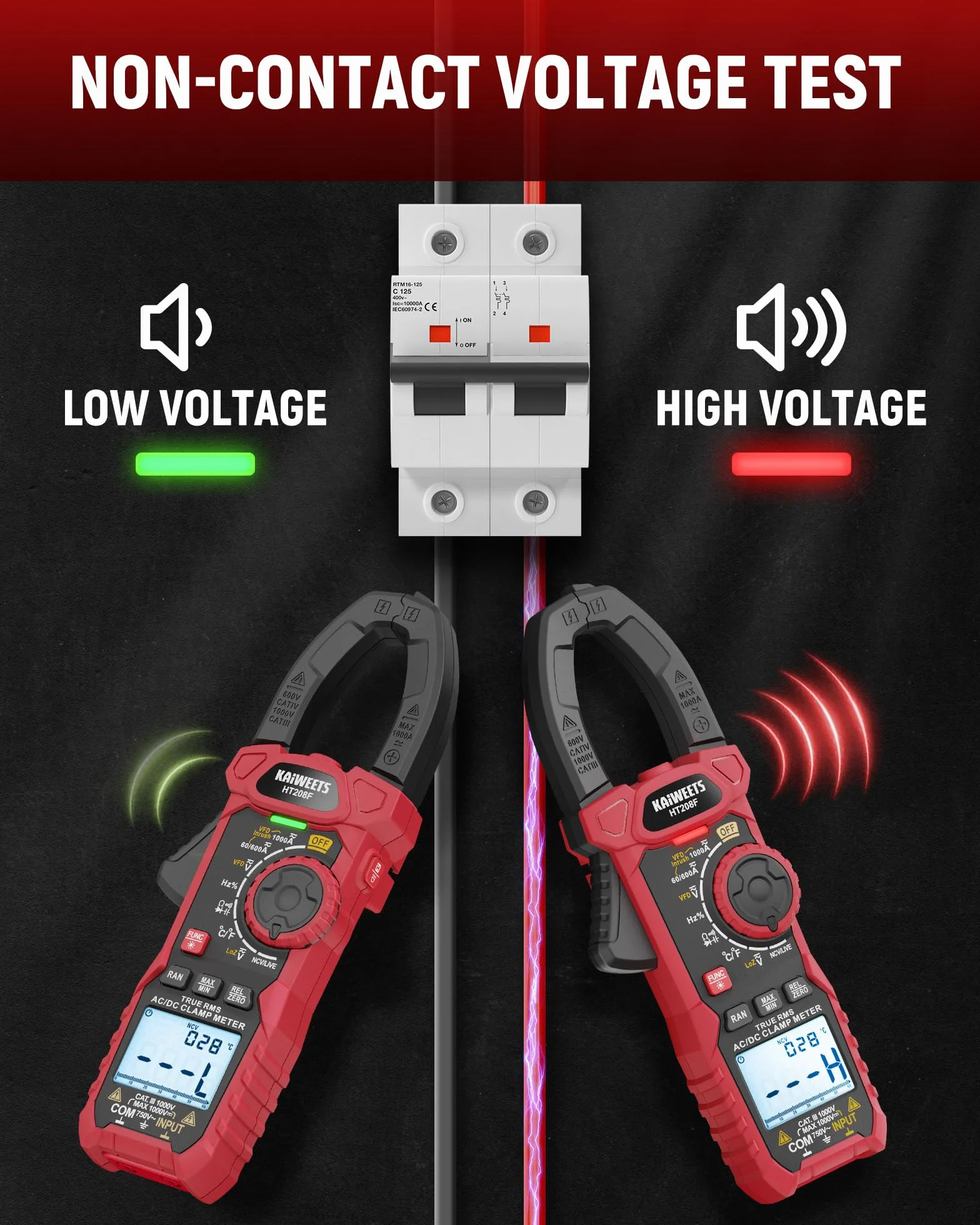 KAIWEETS Szczypce prądowe 1000 A AC/DC, szczypca prądowa 6000 liczników, tryb Vfd i Loz, zmodernizowany czarno-biały ekran, AC/DC, rezystancja, pojemność, pomiar prądu rozruchowego