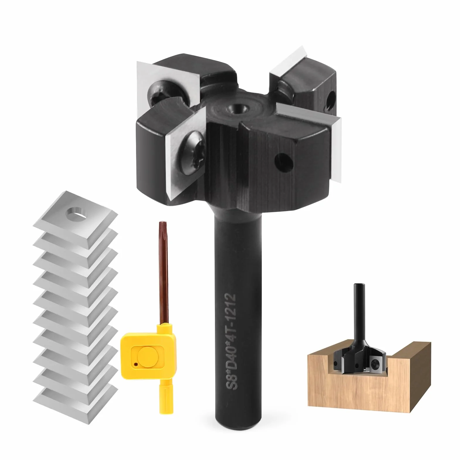 Frez czołowy 8 mm 4 flety z nożami z twardego metalu 12x12x1,5 mm średnica 40 mm do CNC do drewna