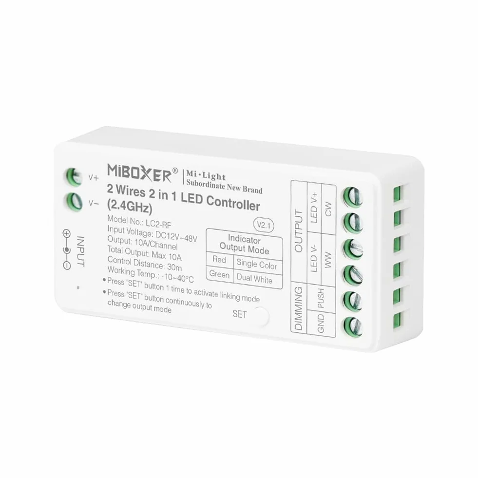 Miboxer 2 przewody 2 w 1 kontroler LED RF 2,4 GHz sterowanie aplikacją smartfona COB CCT podwójny biały taśma LED