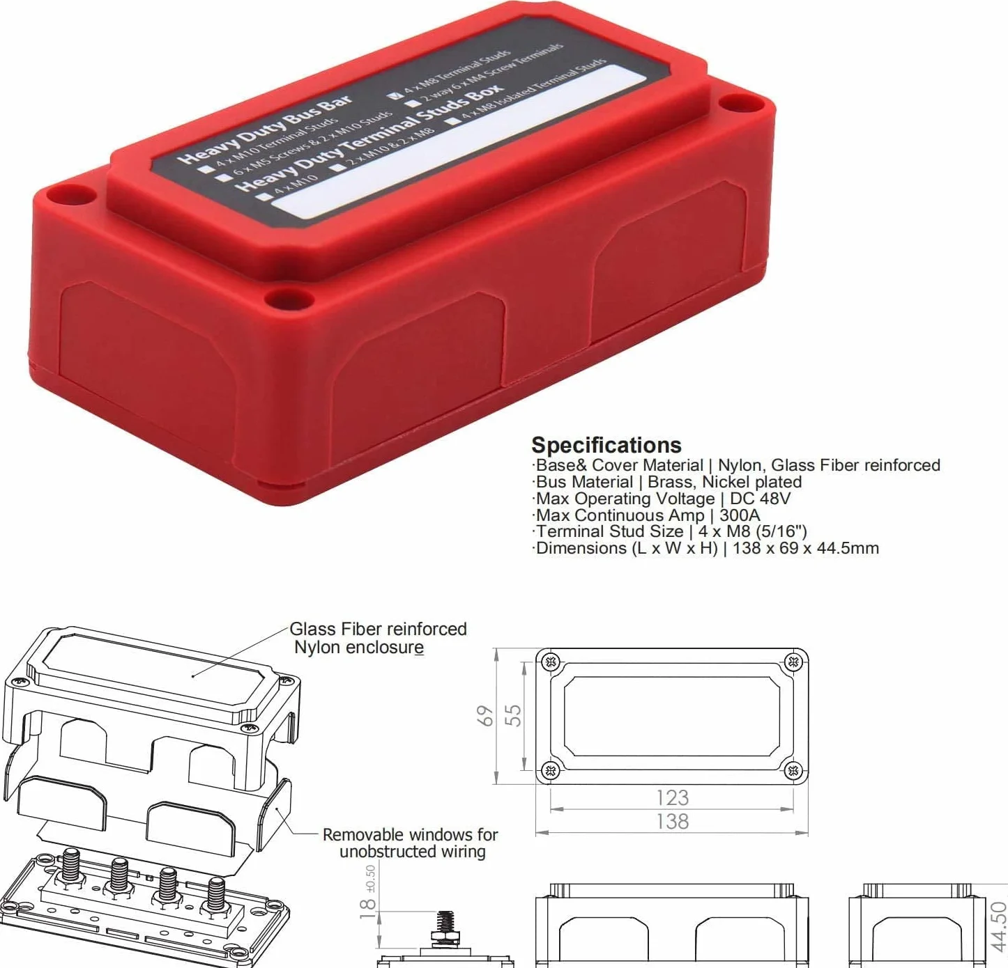 12 V DC Busbar 300A 48 V z 4 śrubami M8, blok rozdzielacza prądu, akumulator Heavy Duty Busbar do samochodu, morskiego, solarnego RV, czerwony, czarny, 2 opakowania