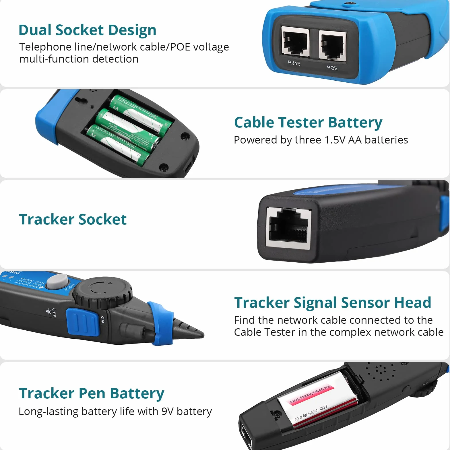 Tester kabli sieciowych POE/RJ45, wielofunkcyjny tester sieci z LCD, kablem CAT5/CAT5e/CAT6/Cat7/Cat8, detektorem zwarcia, krzyżowym i przerwanym