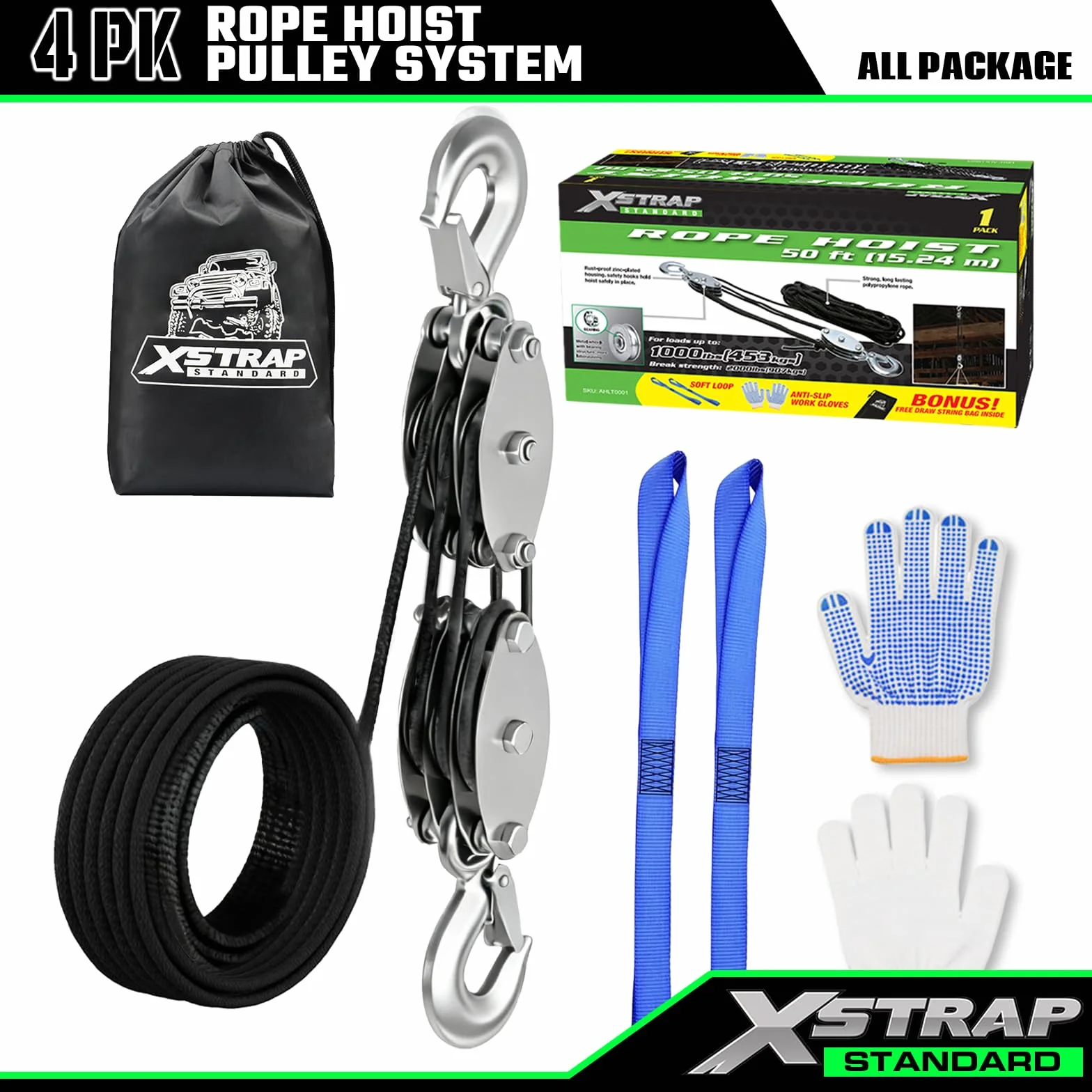 XSTRAP STANDARD Wytrzymały wciągnik linowy o wadze 0,9 kg, obciążenie robocze 453 kg i system koła pasowego do podnoszenia ciężkich przedmiotów (czarny)