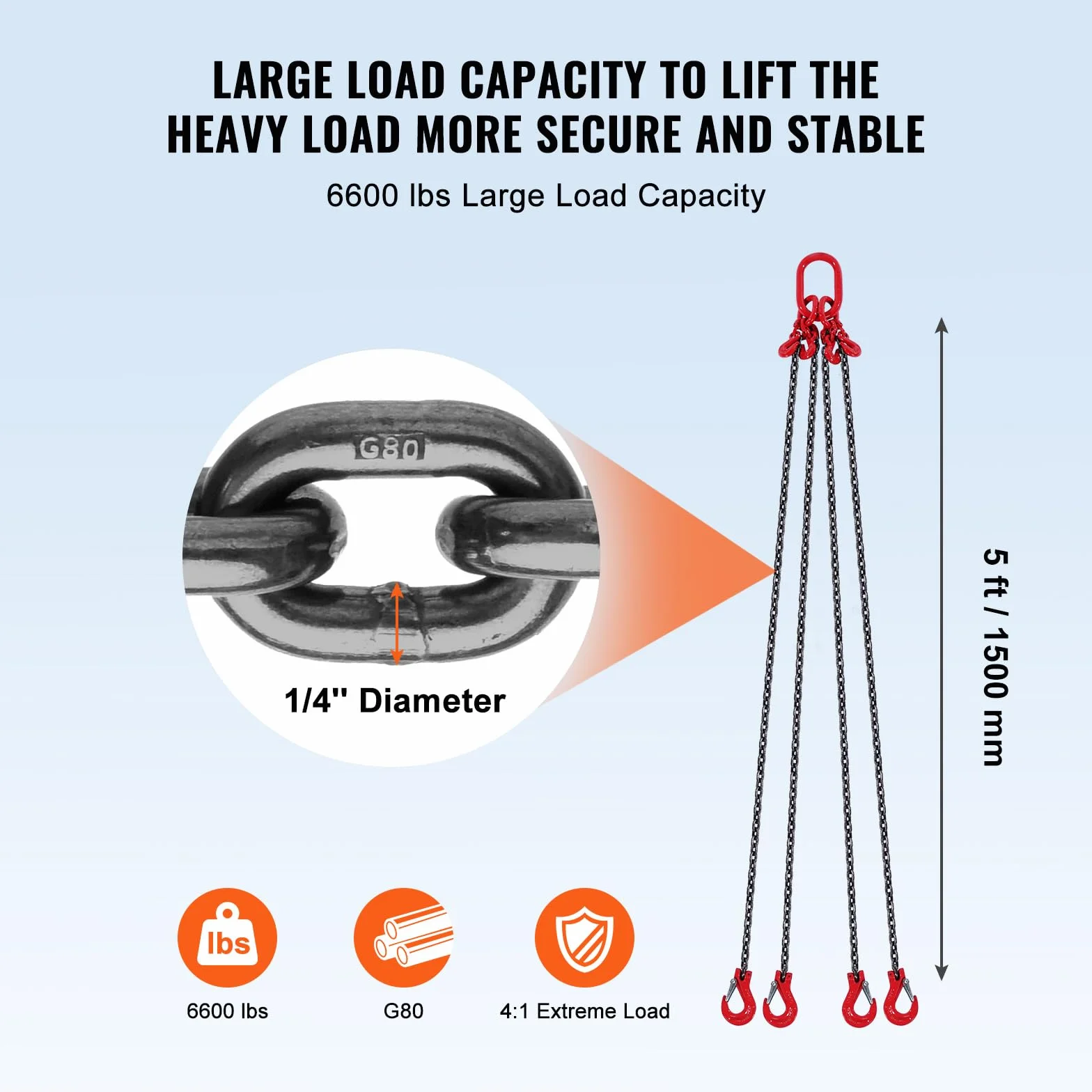 VEVOR 4-pasmowy łańcuch dźwigowy G80 1,5 m 2993 kg Ø 6 mm