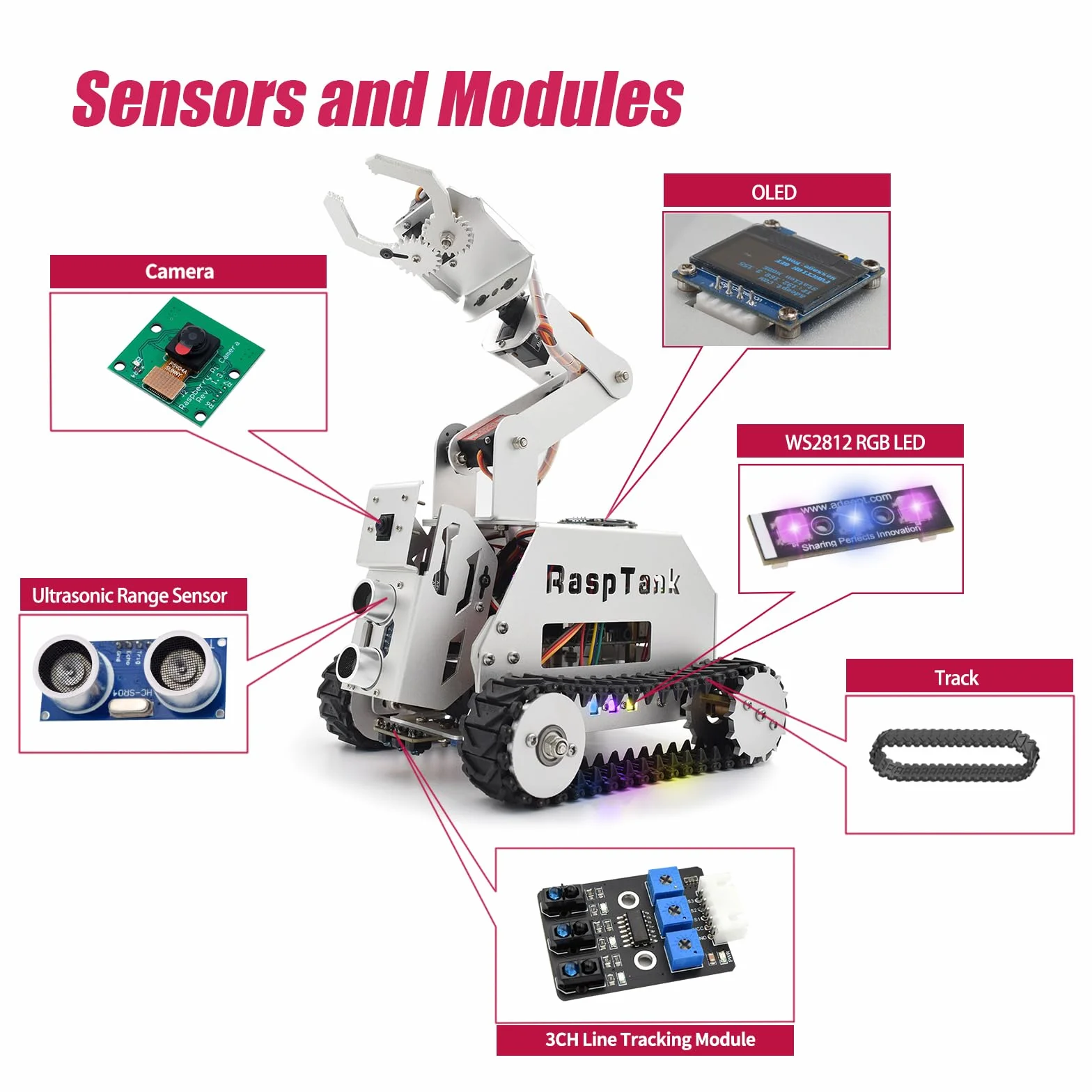 Adeept RaspTank Metal Smart Car Kit for Raspberry Pi 5/4B/3B/3B+(Board Not Included), Tank Tracked Robot with 4-DOF Robotic Arm, OpenCV, Obstacle Avoidance, Line Tracking, with Digital Tutorials