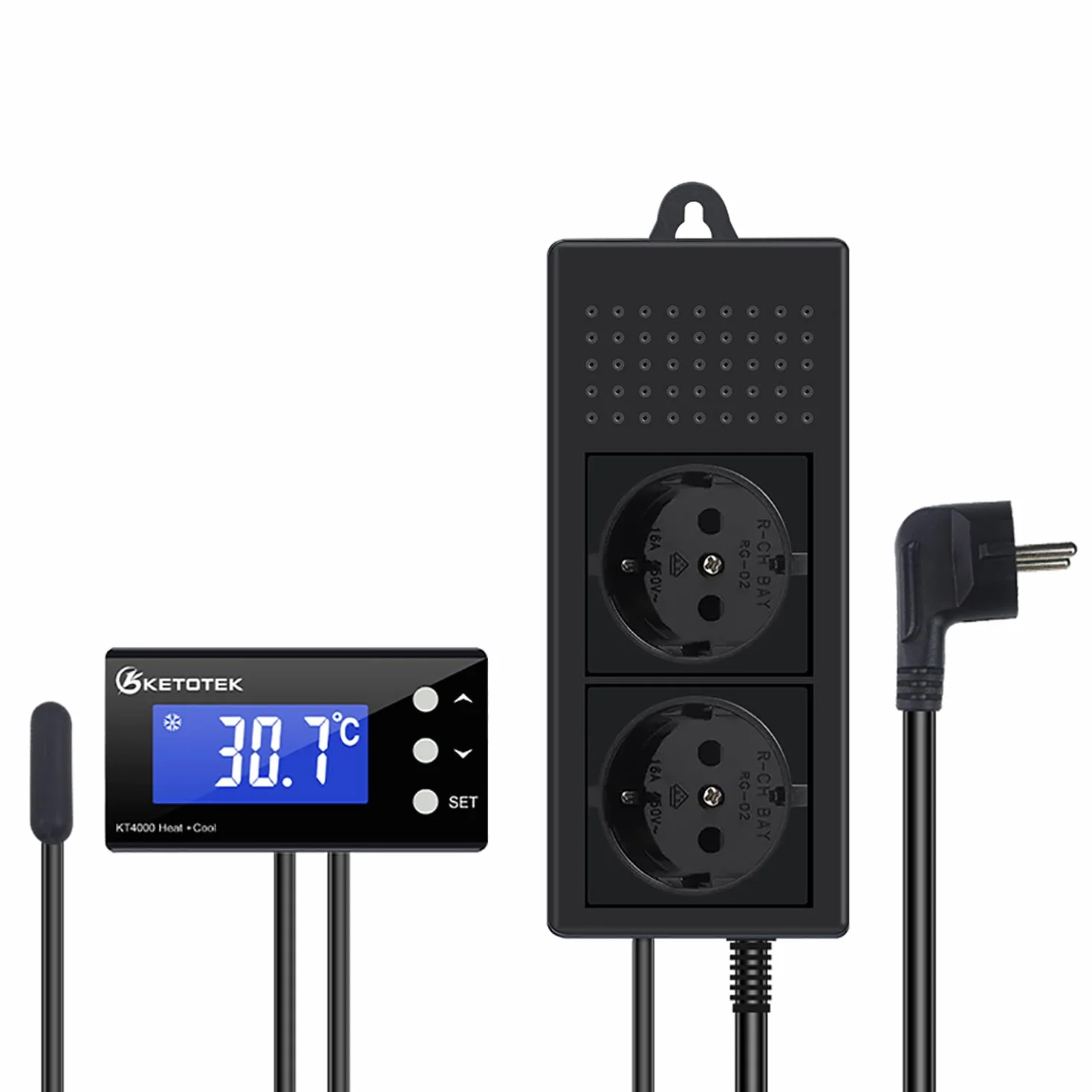 KETOTEK Kontroler Temperatury Termostat Wtyczka Gniazdo Elektryczne Cyfrowy z 2m wodoodporna sonda 220V dla Akwarium Szklarnia Lodówka Przełącznik sterowania ogrzewaniem chłodzenie
