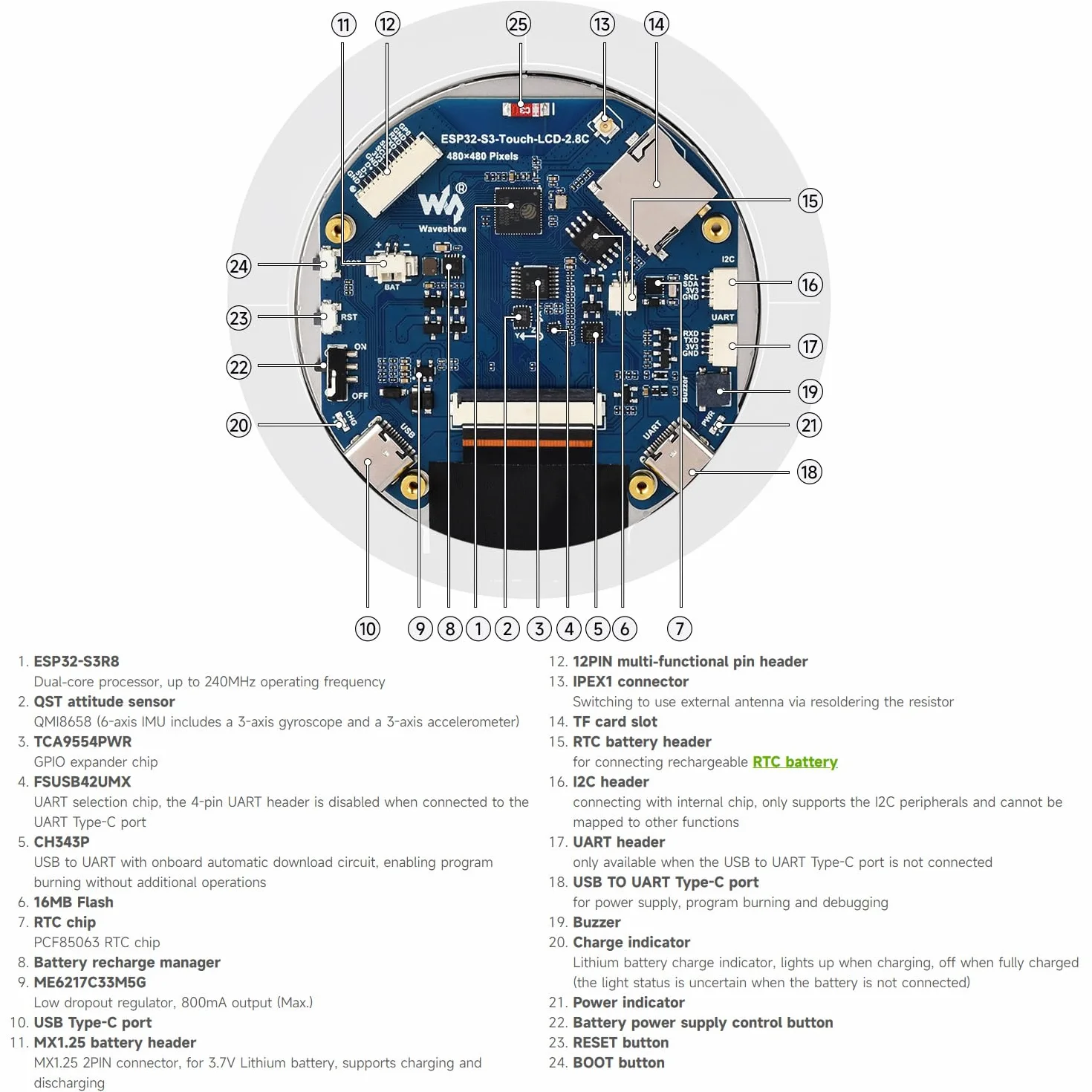 Waveshare ESP32-S3 2.8inch Capacitive Touch Round Display Development Board, 480x480, 32-Bit LX7 Dual-Core Processor, Supports WiFi & BT, ESP32 With Display
