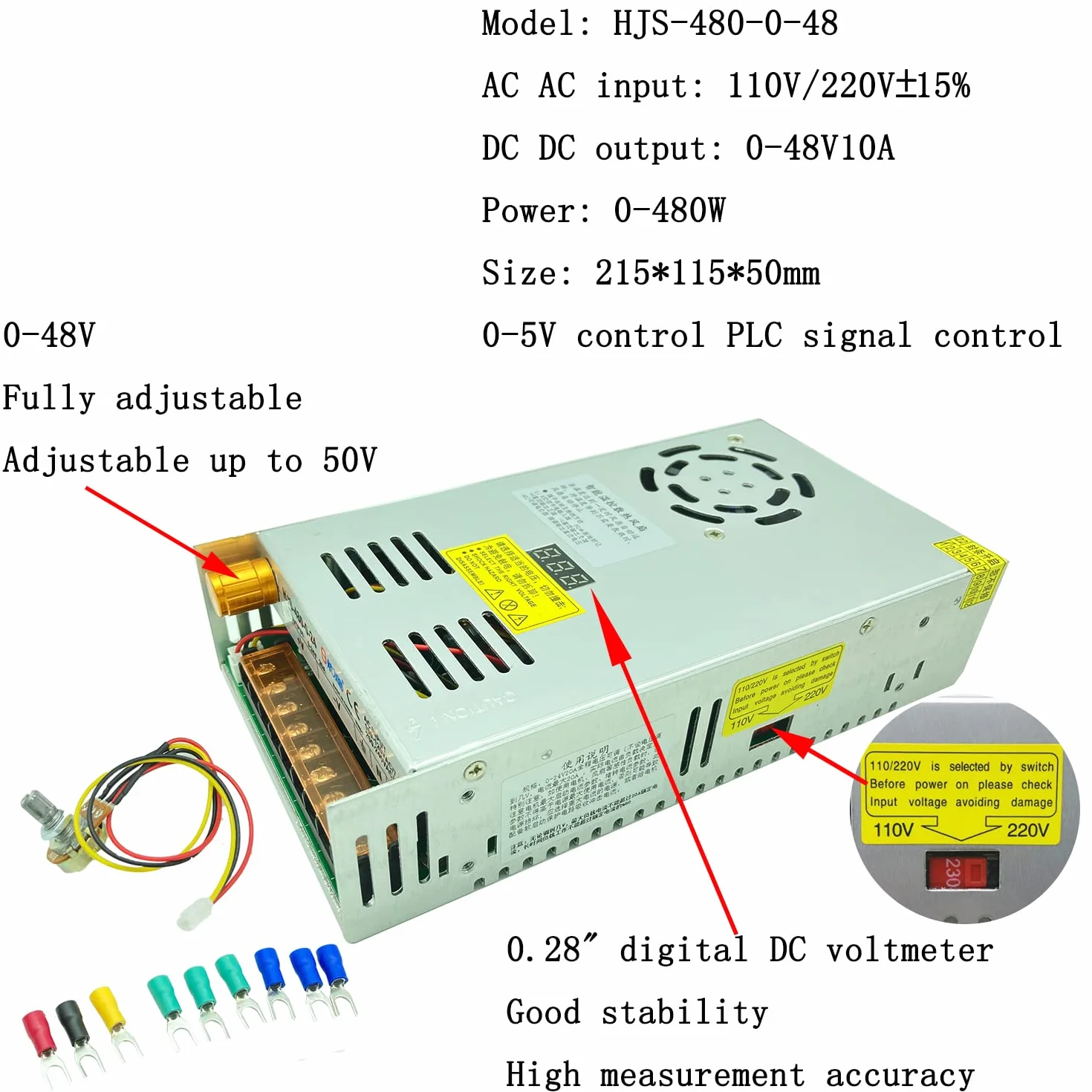 Zasilacz impulsowy AC-DC 0-48V 10A 480W regulowany z wyświetlaczem cyfrowym