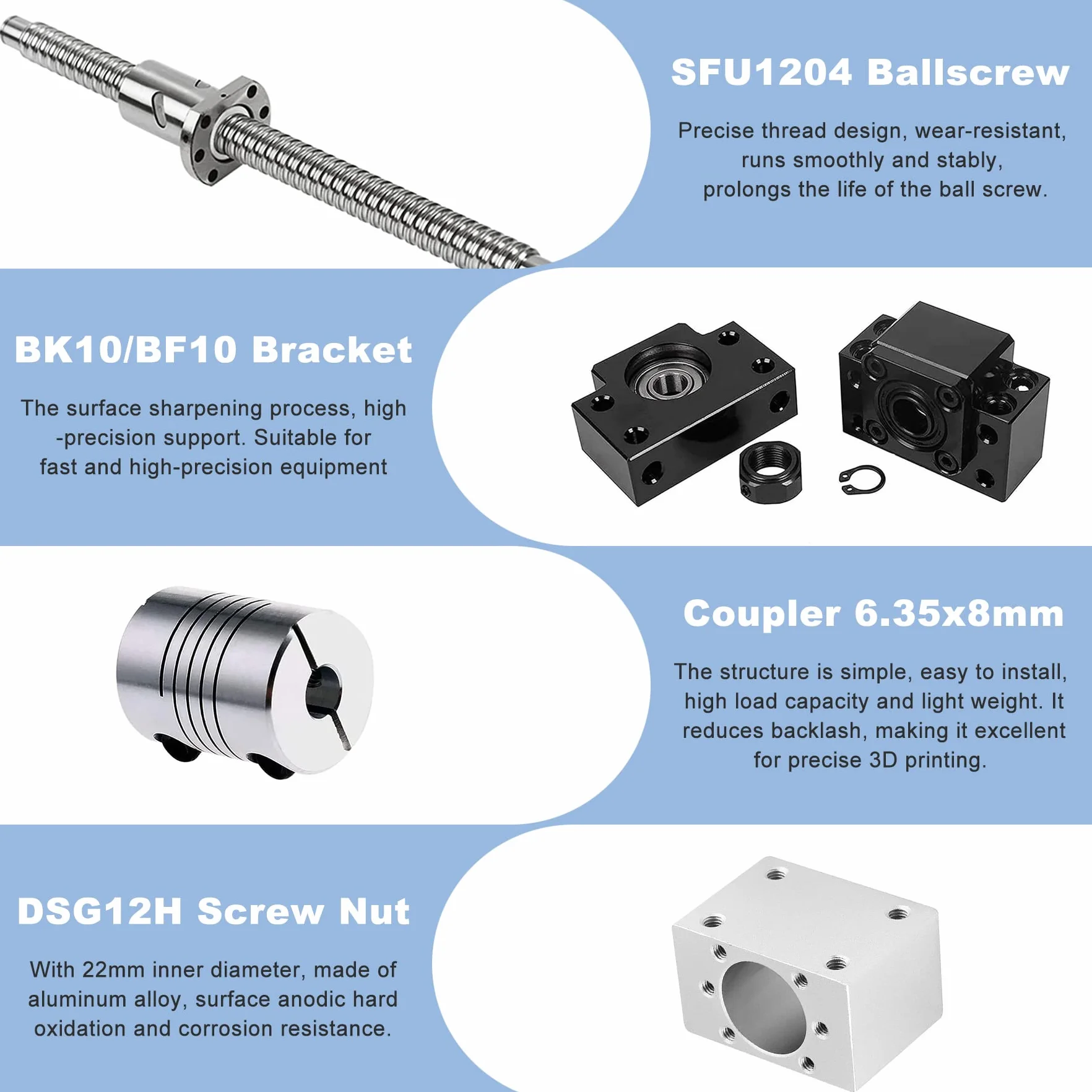 SFU1204 kulowa śruba ze stali nierdzewnej 250 mm + BK10 BF10 nakrętka obudowa sprzęgło