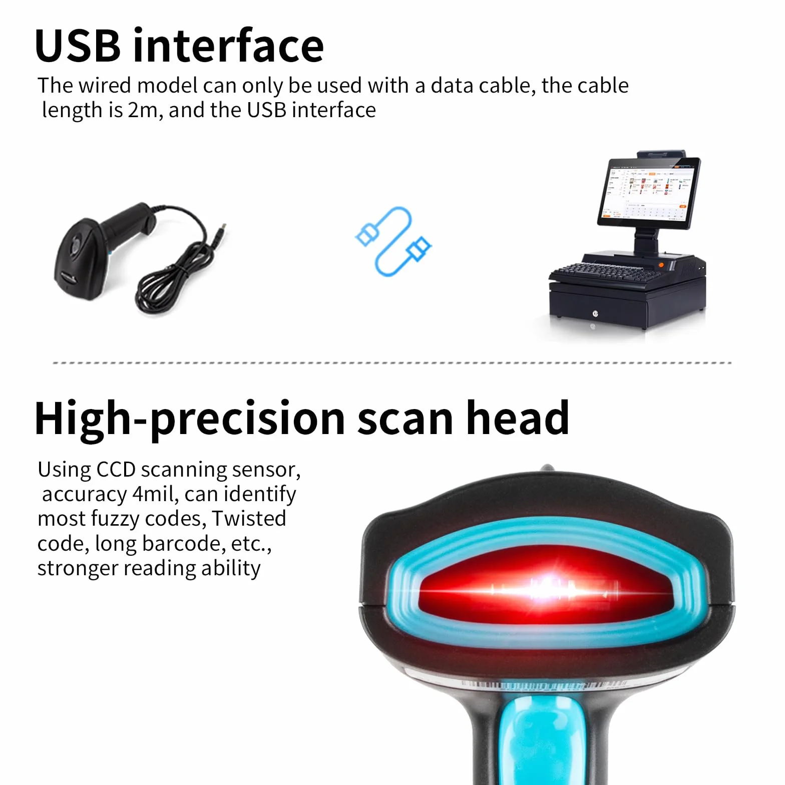 Skaner kodów kreskowych USB 1D przewodowy czytnik kodów kreskowych CCD obsługuje skanery kodów kreskowych do sklepu, supermarketu, magazynu (U1)