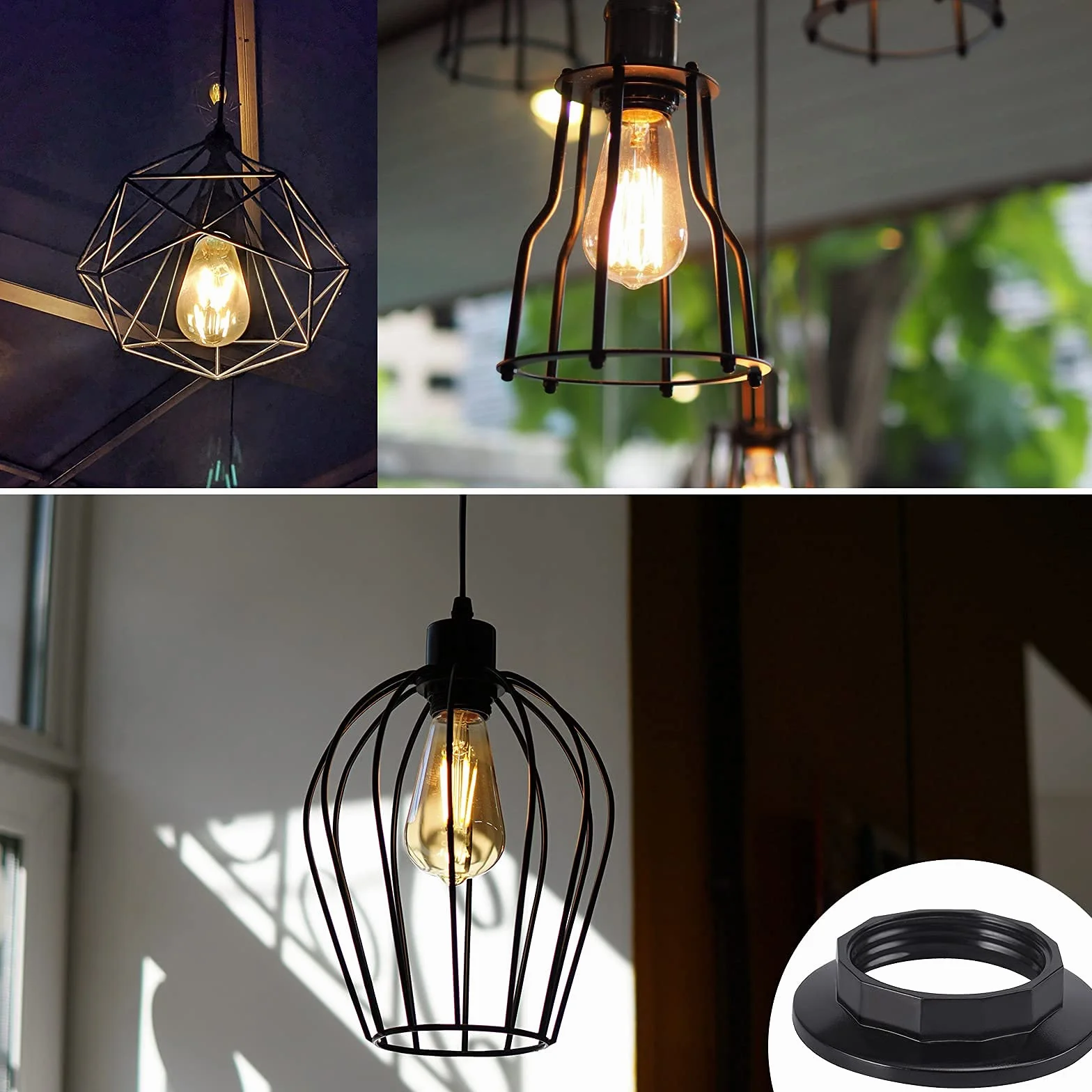 DiCUNO Pierścień śrubowy E14 do gniazda lampy, żaroodporny pierścień śrubowy do szklanego klosza lub abażuru, 28MM, plastikowy uchwyt lampy czarny, zestaw 4 szt