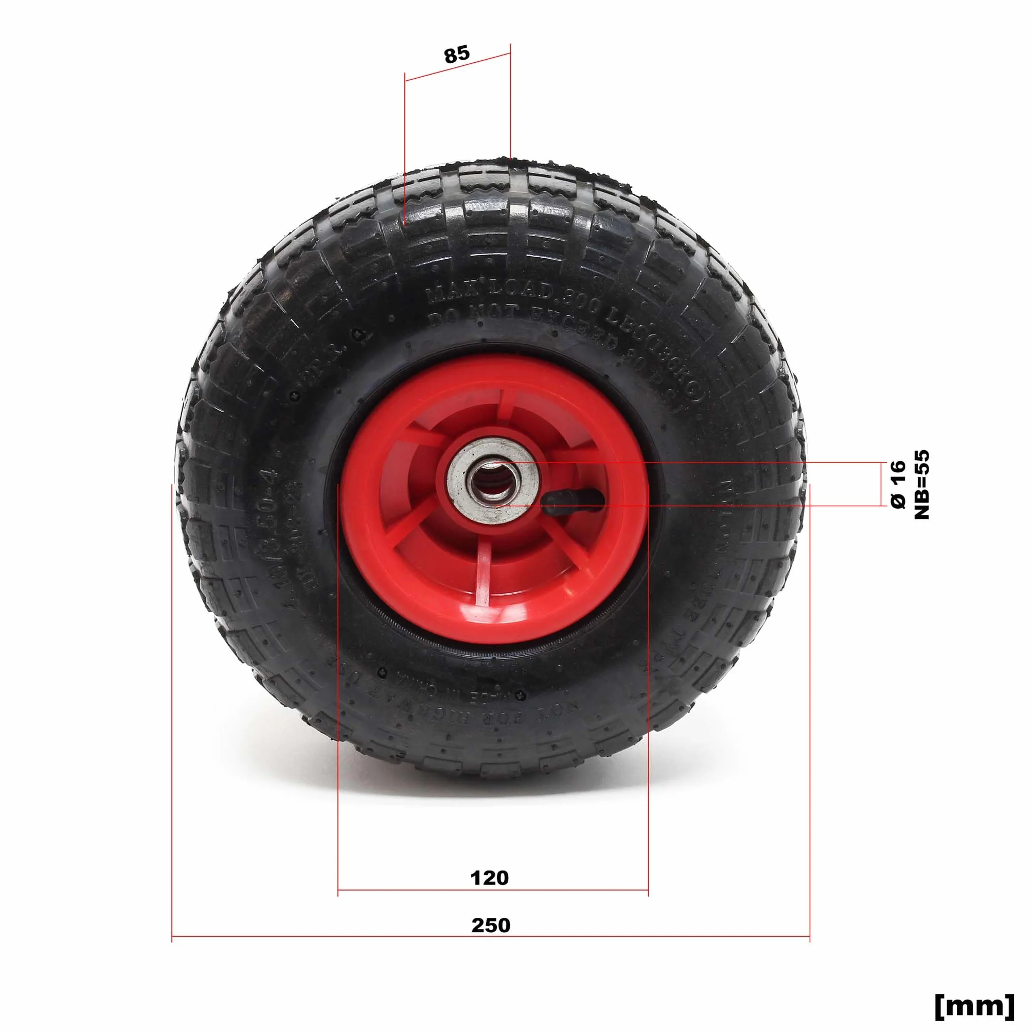 Koło Wiltec 4.10/3.50-4 85 x 250 mm 136 kg, kompletne koło do taczki z plastikową obręczą, zawór kątowy, opony pneumatyczne do wózków workowych, wózków ręcznych itp.