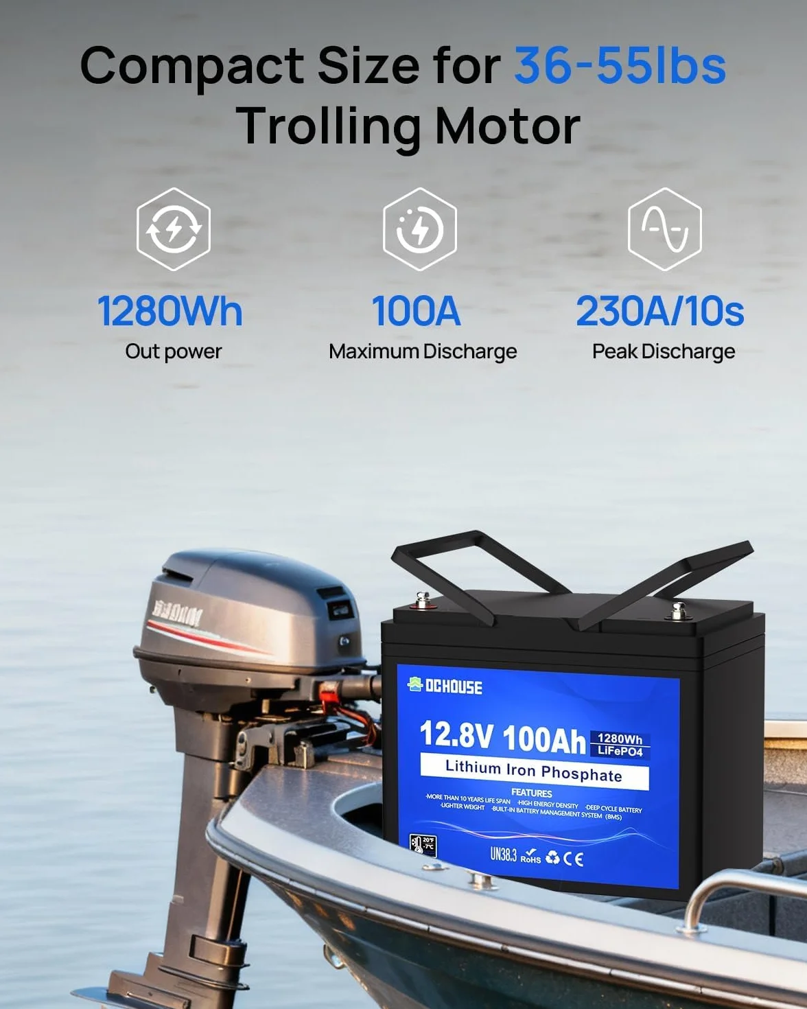 DCHOUSE Bluetooth LiFePO4 12 V 100 Ah akumulator litowy z BMS 100 A, do 15000 cykli, akumulator litowy 1280 Wh, do silników trollingowych, przyczep kempingowych, instalacji solarnych, przyczep