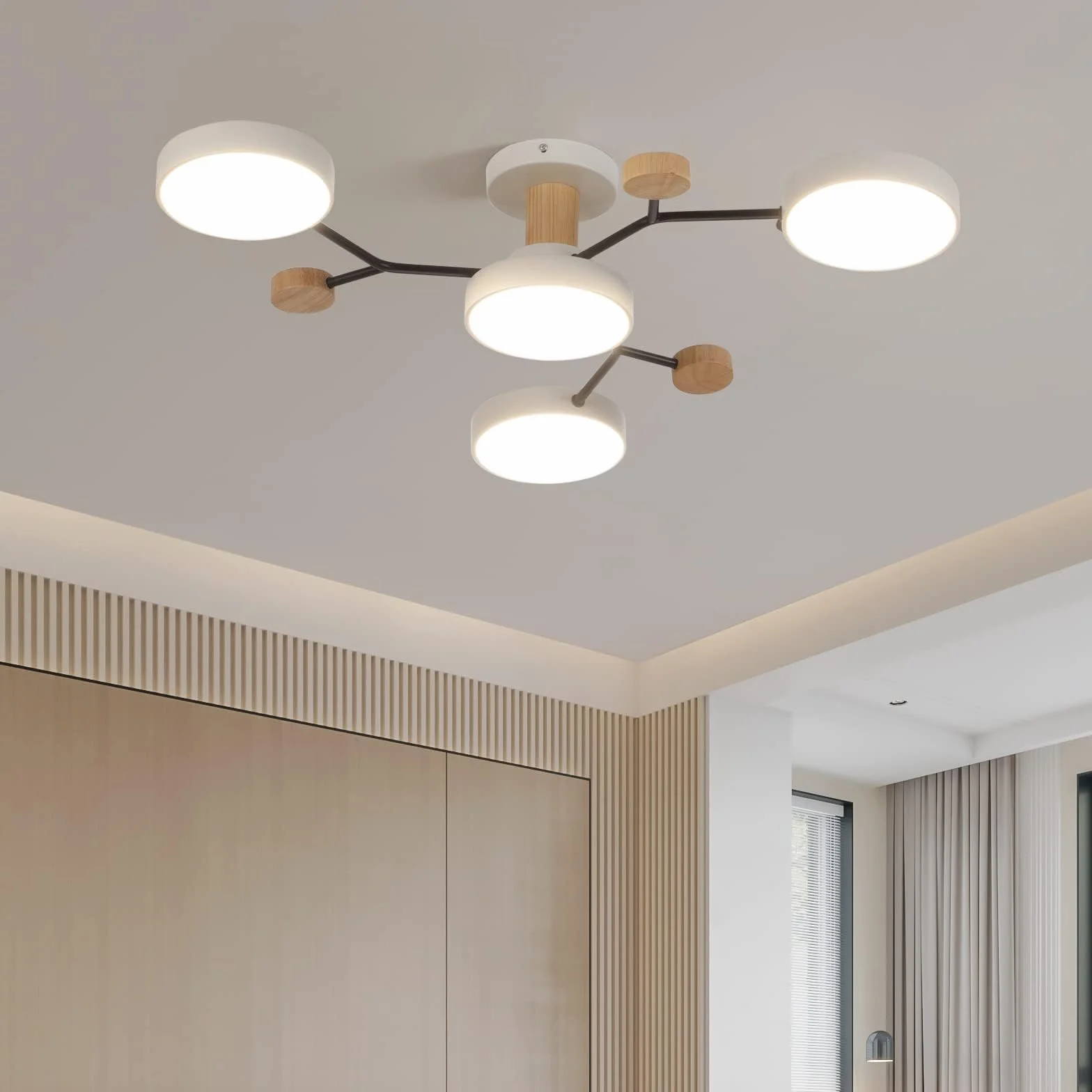 4 głowice oświetlenie sufitowe LED, 36W ciepła biel 3000K, żyrandol sufitowy z dekorem z drewna ﾘ66cm do salonu kuchnia jadalnia biuro domowe pokój dziecięcy