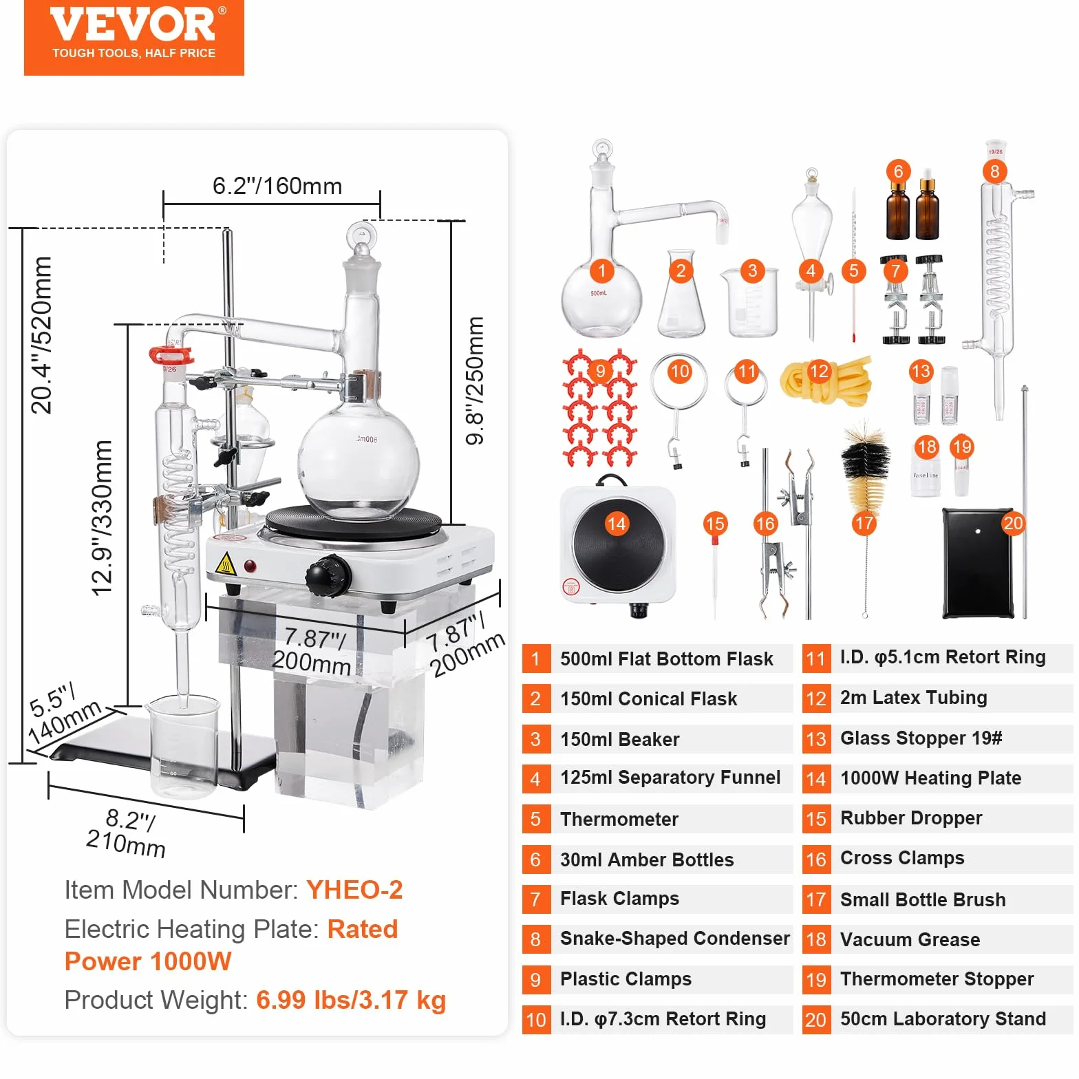 VEVOR Zestaw do destylacji olejków eterycznych 33 szt., 500 ml, Boro 3,3, płyta grzewcza 1000 W, 24/40