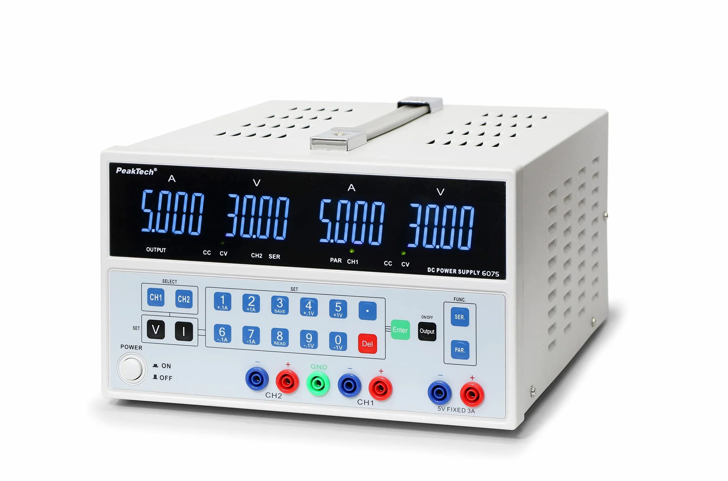 PeakTech P 6075 - Liniowy podwójny zasilacz laboratoryjny ~ 0-30 V / 0-5 A ~ z przyciskiem sterującym