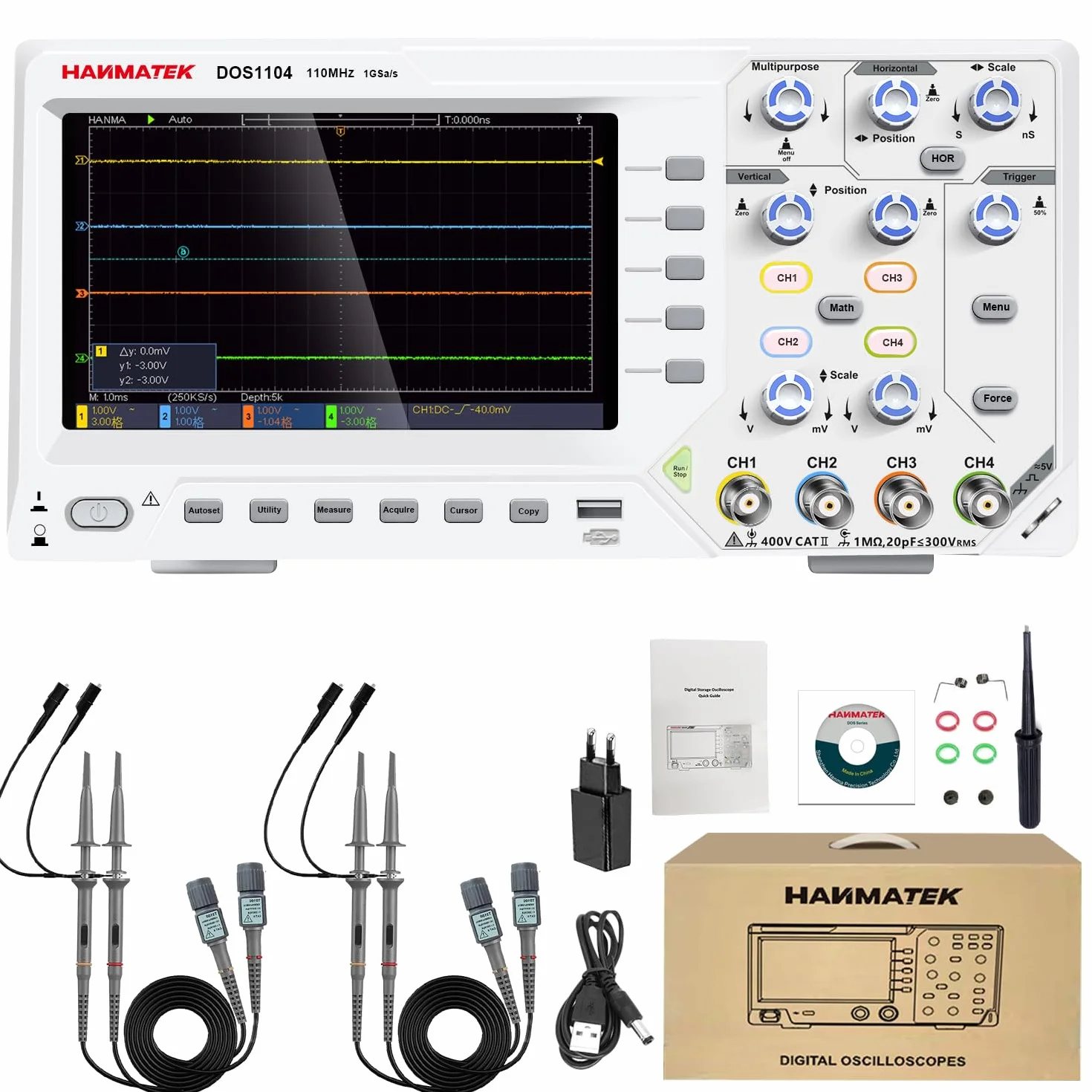 HANMATEK DOS1104 Oscyloskop cyfrowy 4-kanałowy 7-calowy TFT-LCD 110 MHz 1GS/s